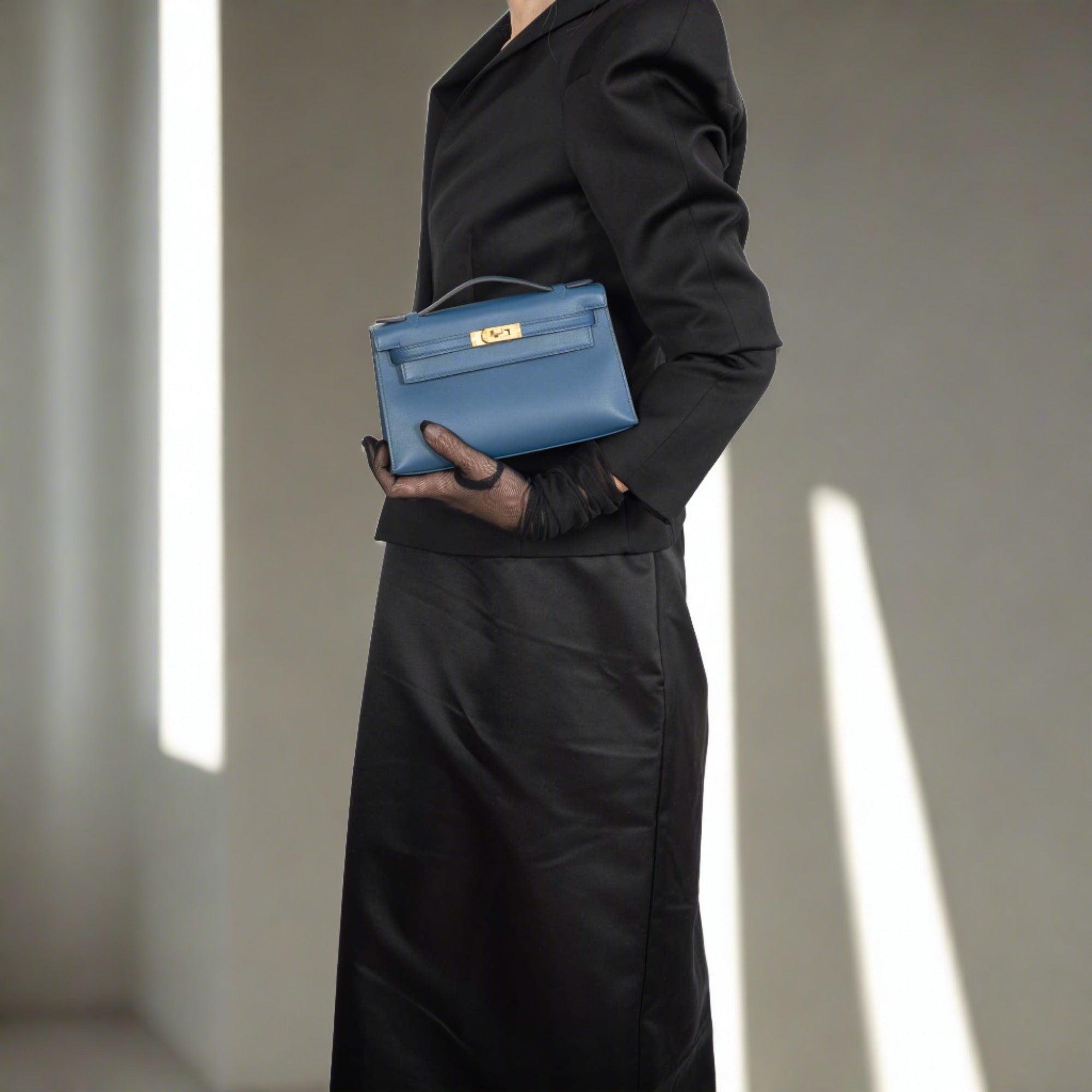 Hermes Kelly Pochette Navy Swift with Gold Hardware