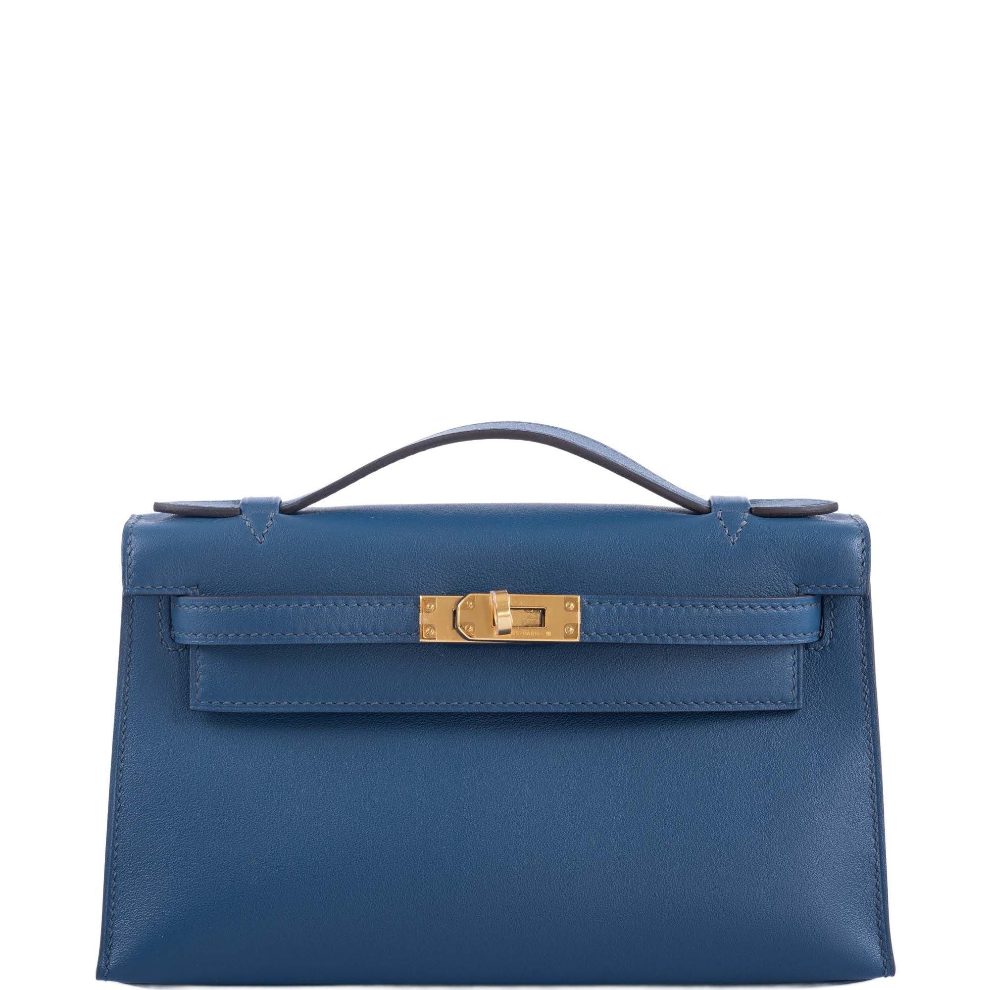 Hermes Kelly Pochette Navy Swift with Gold Hardware