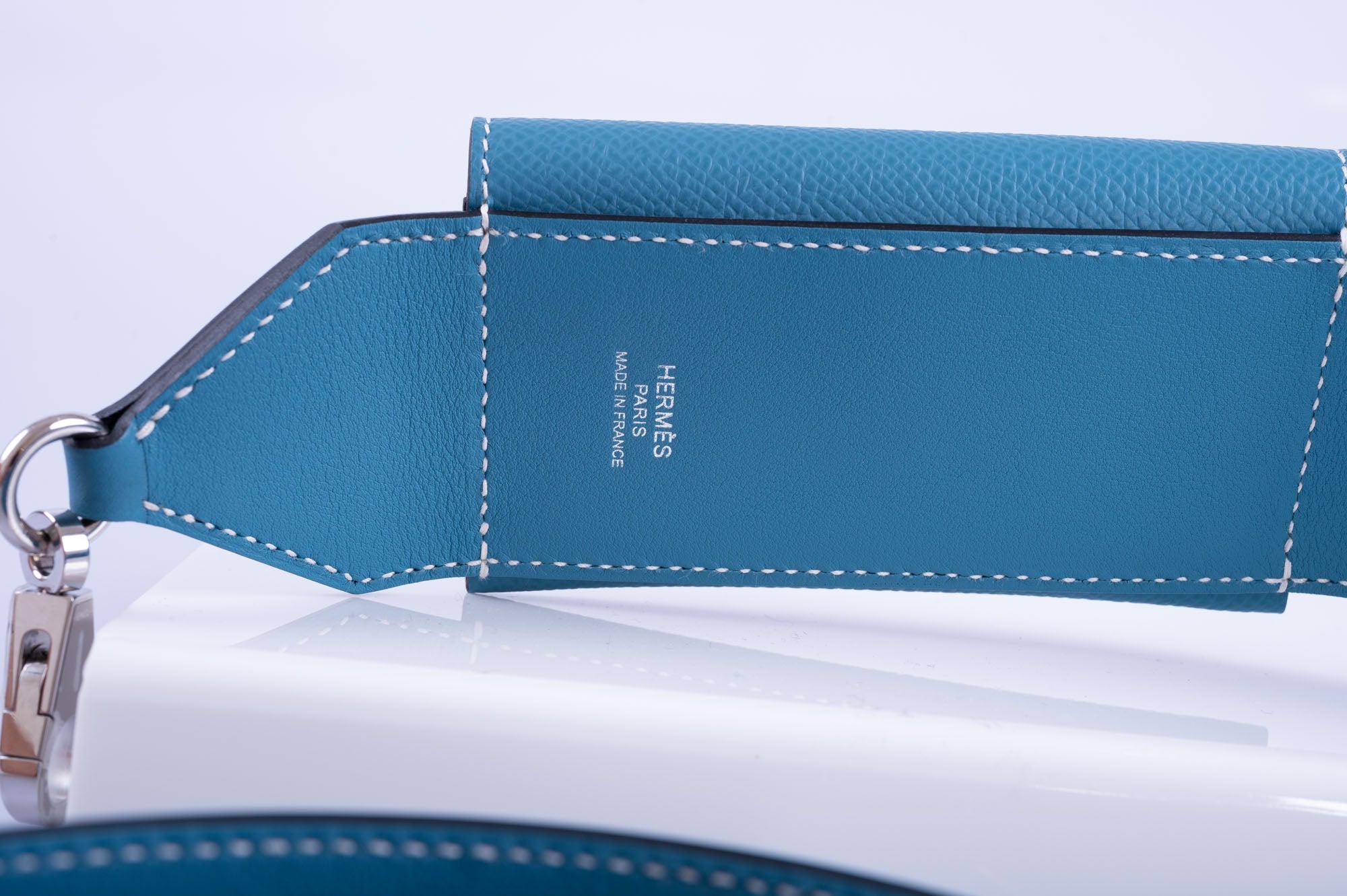 Hermès Kelly Pochette Pocket PM Strap Blue Jean Swift and Epsom Palladium Hardware