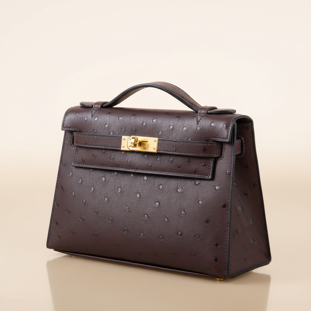 Hermès Kelly Pochette Rouge Sellier Ostrich Gold Hardware