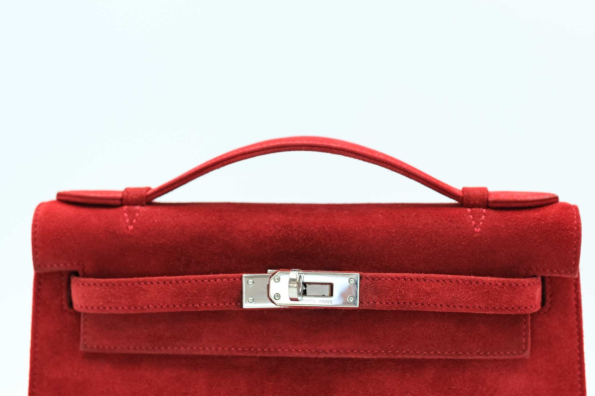 Hermès Kelly Pochette Rubis Veau Doblis Suede Palladium Hardware