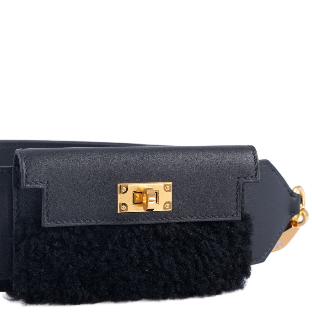 Hermès Kelly Pochette Teddy Pocket Shoulder Strap Black Shearling and Swift Gold Hardware