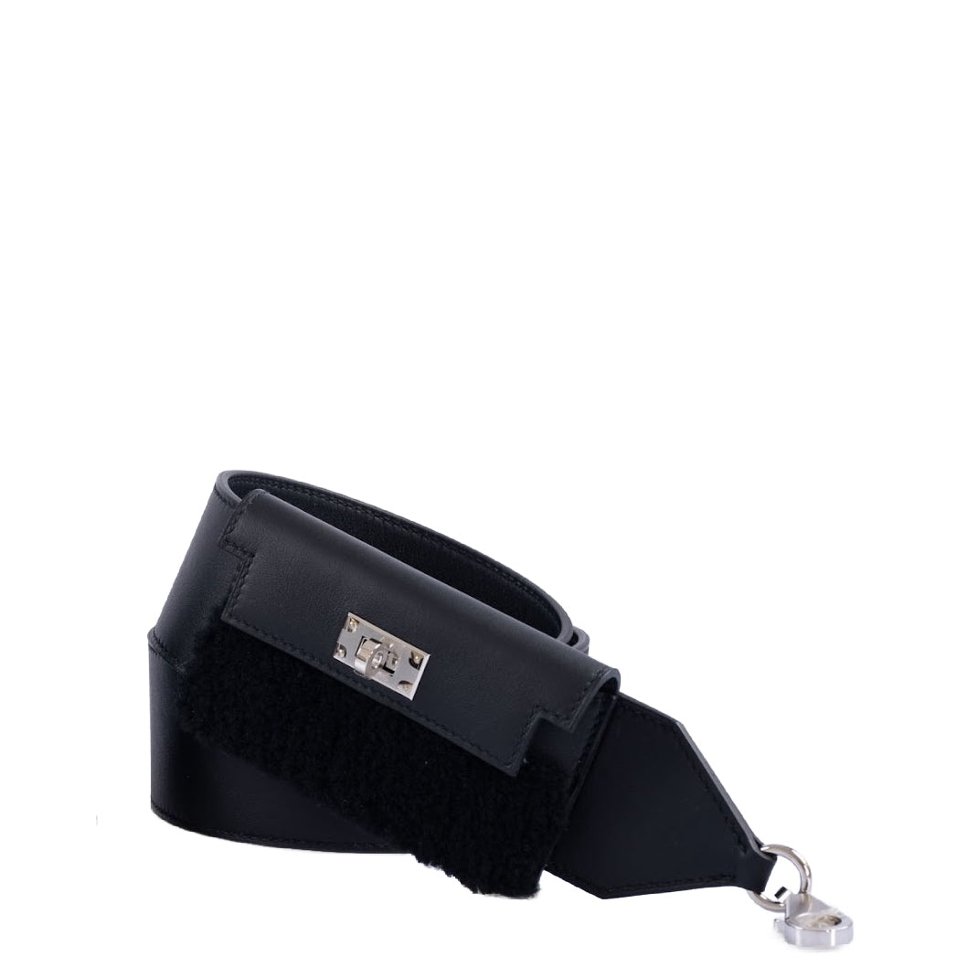 Hermès Kelly Pochette Teddy Shoulder Strap Black Shearling and Swift Palladium Hardware