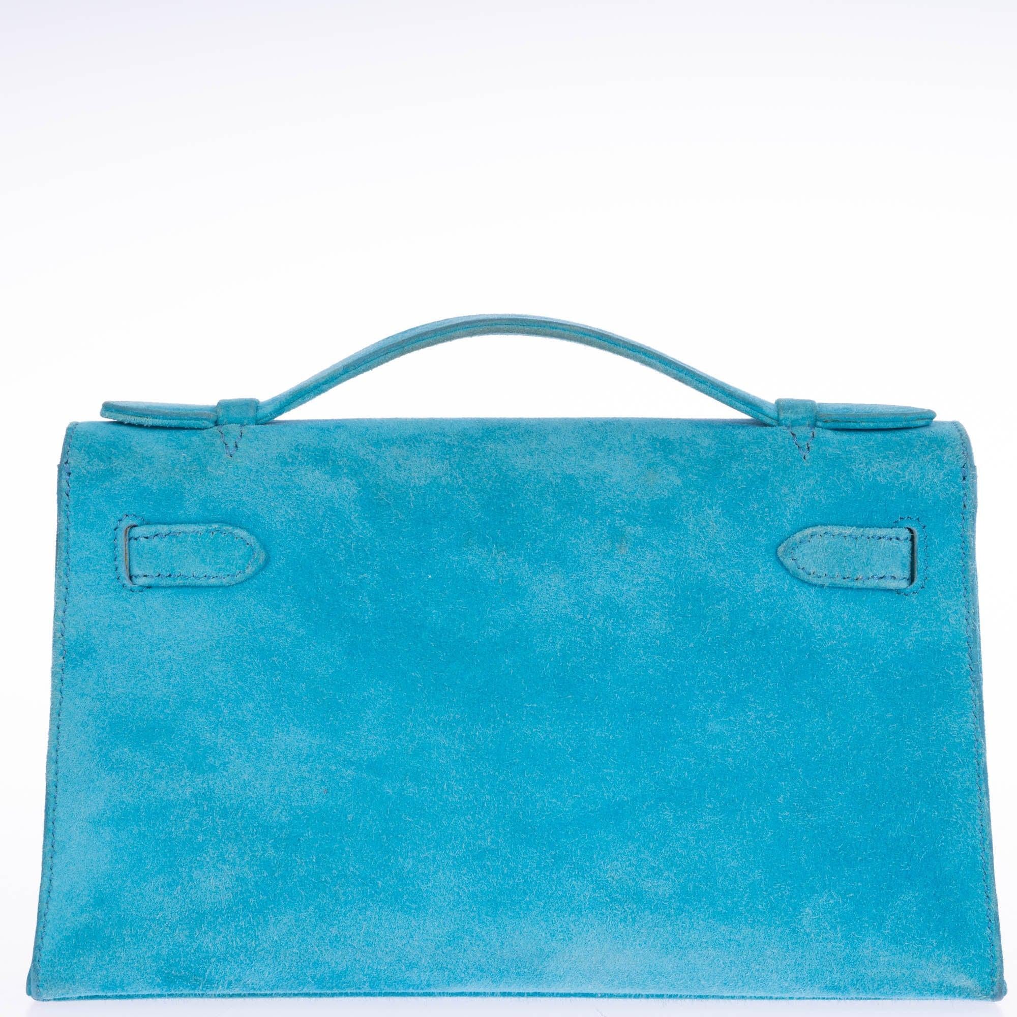 Hermès Kelly Pochette Turquoise Veau Doblis Suede Palladium Hardware