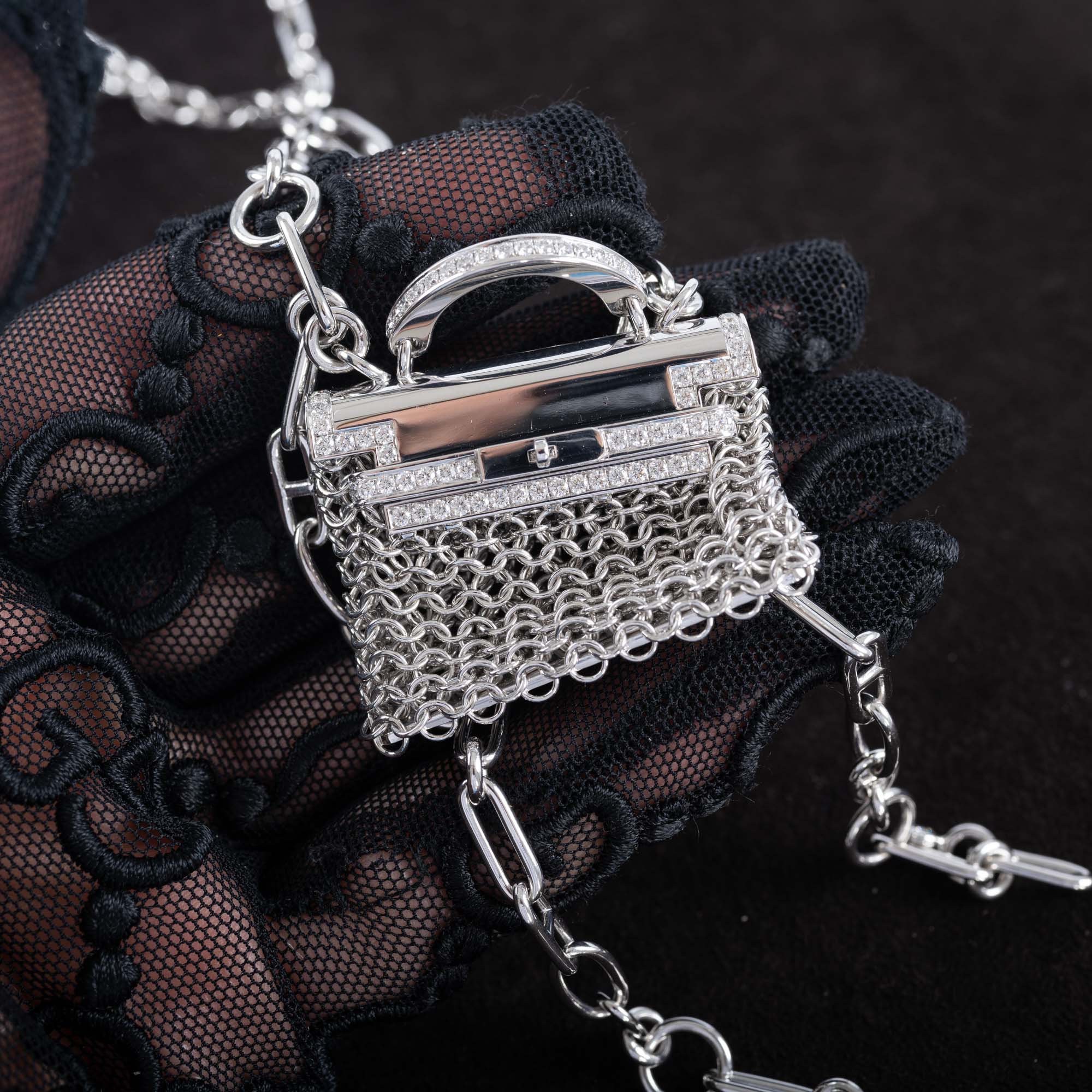 Hermès Kelly Précieux Bijou 18K White Gold and Diamond Micro Bag Necklace