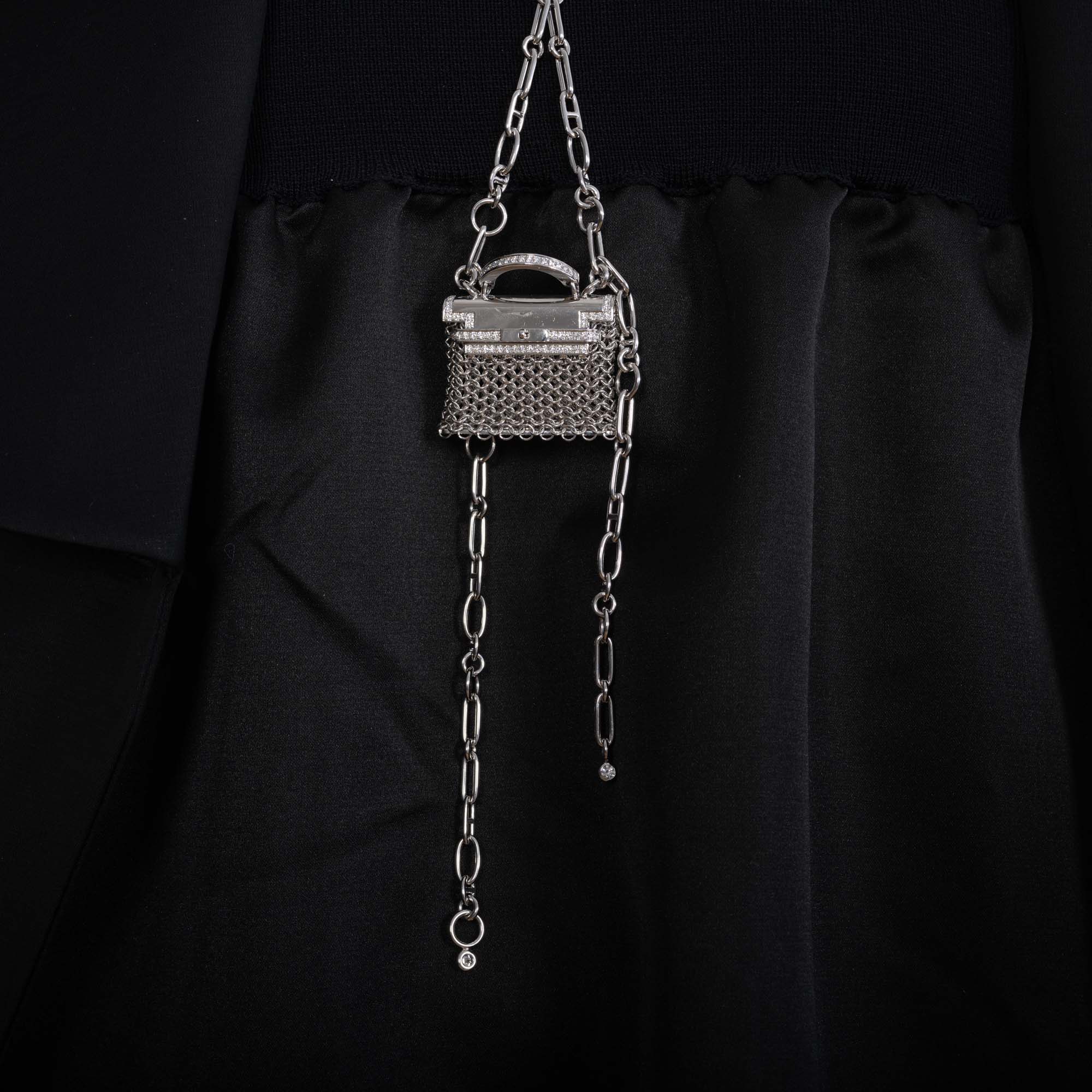 Hermès Kelly Précieux Bijou 18K White Gold and Diamond Micro Bag Necklace