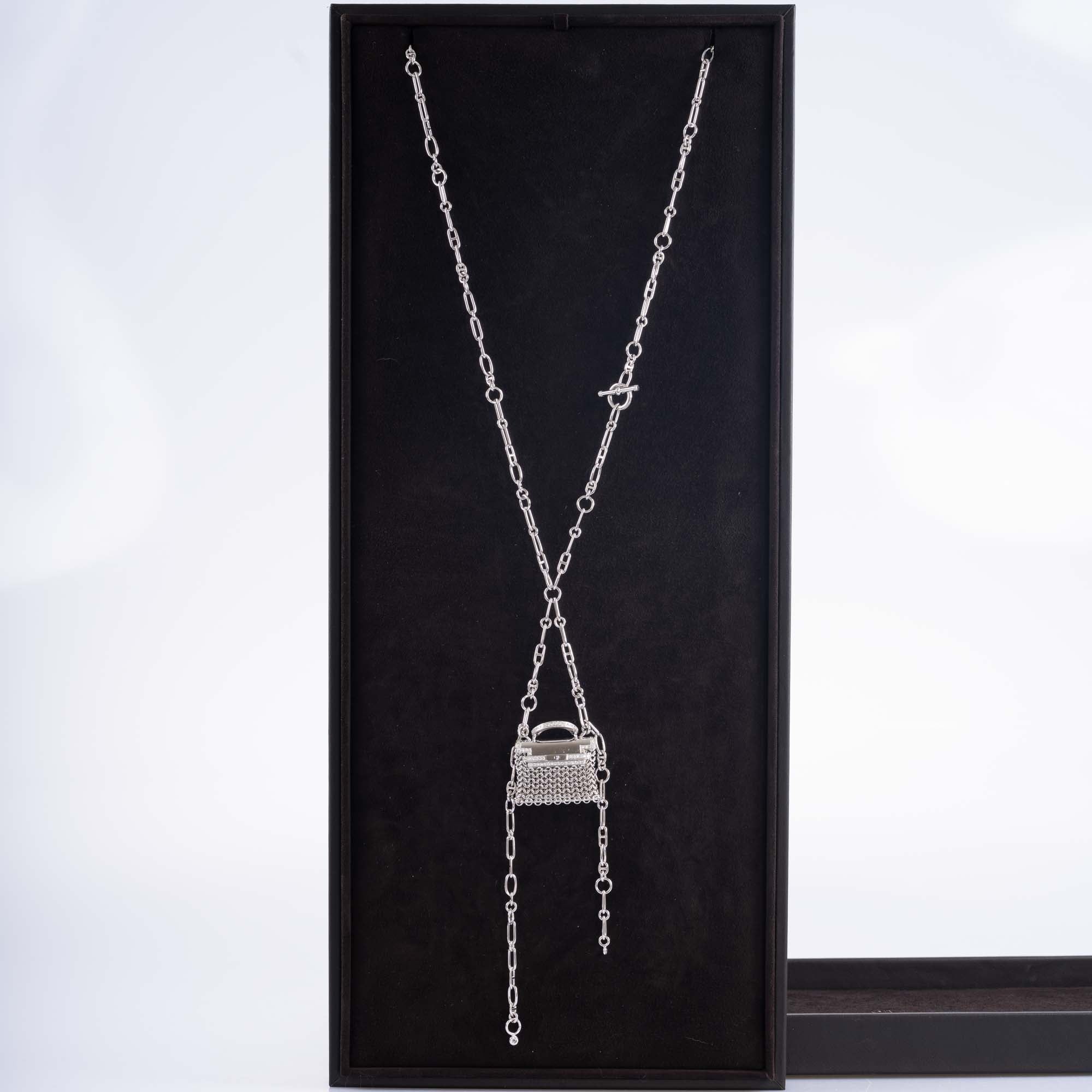 Hermès Kelly Précieux Bijou 18K White Gold and Diamond Micro Bag Necklace