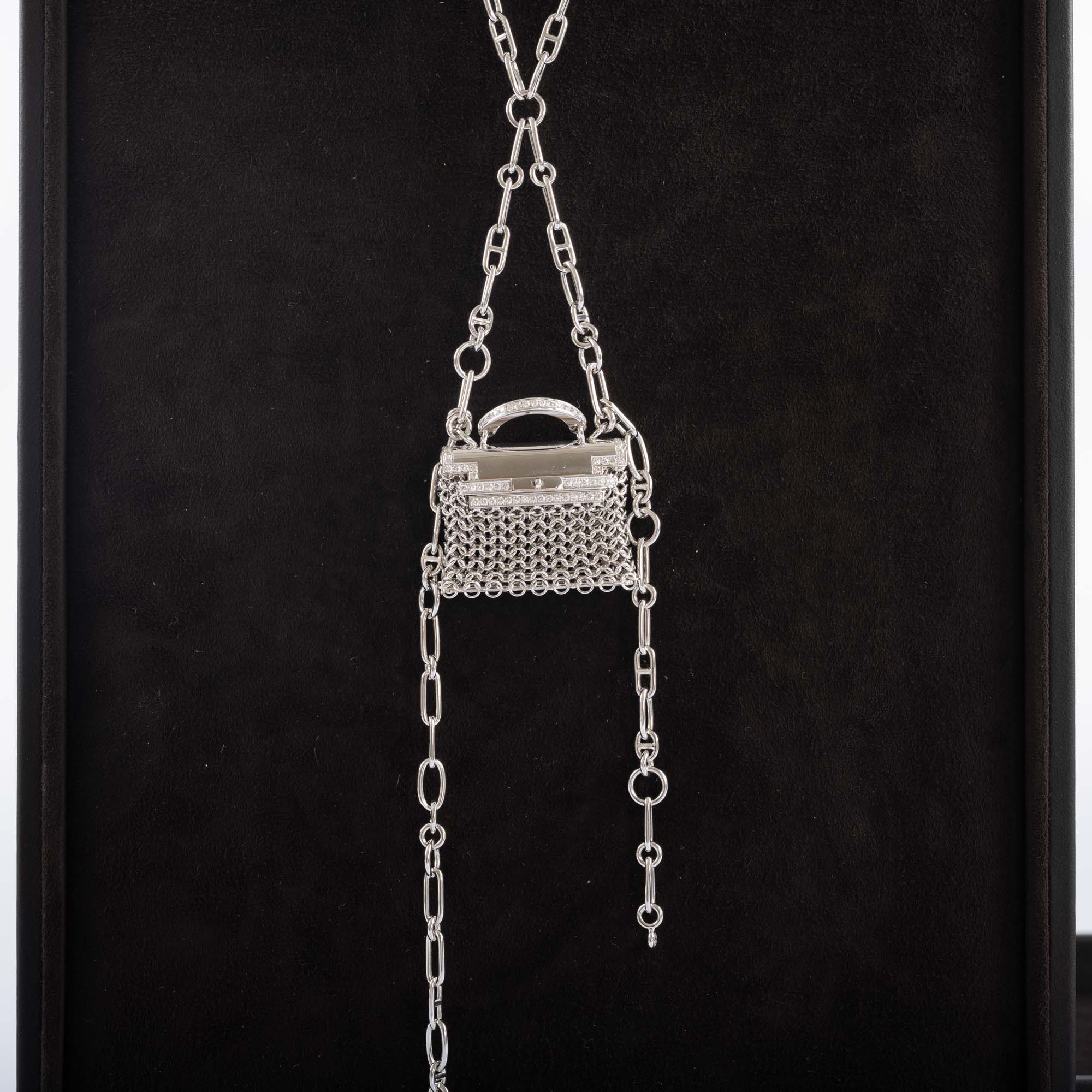 Hermès Kelly Précieux Bijou 18K White Gold and Diamond Micro Bag Necklace