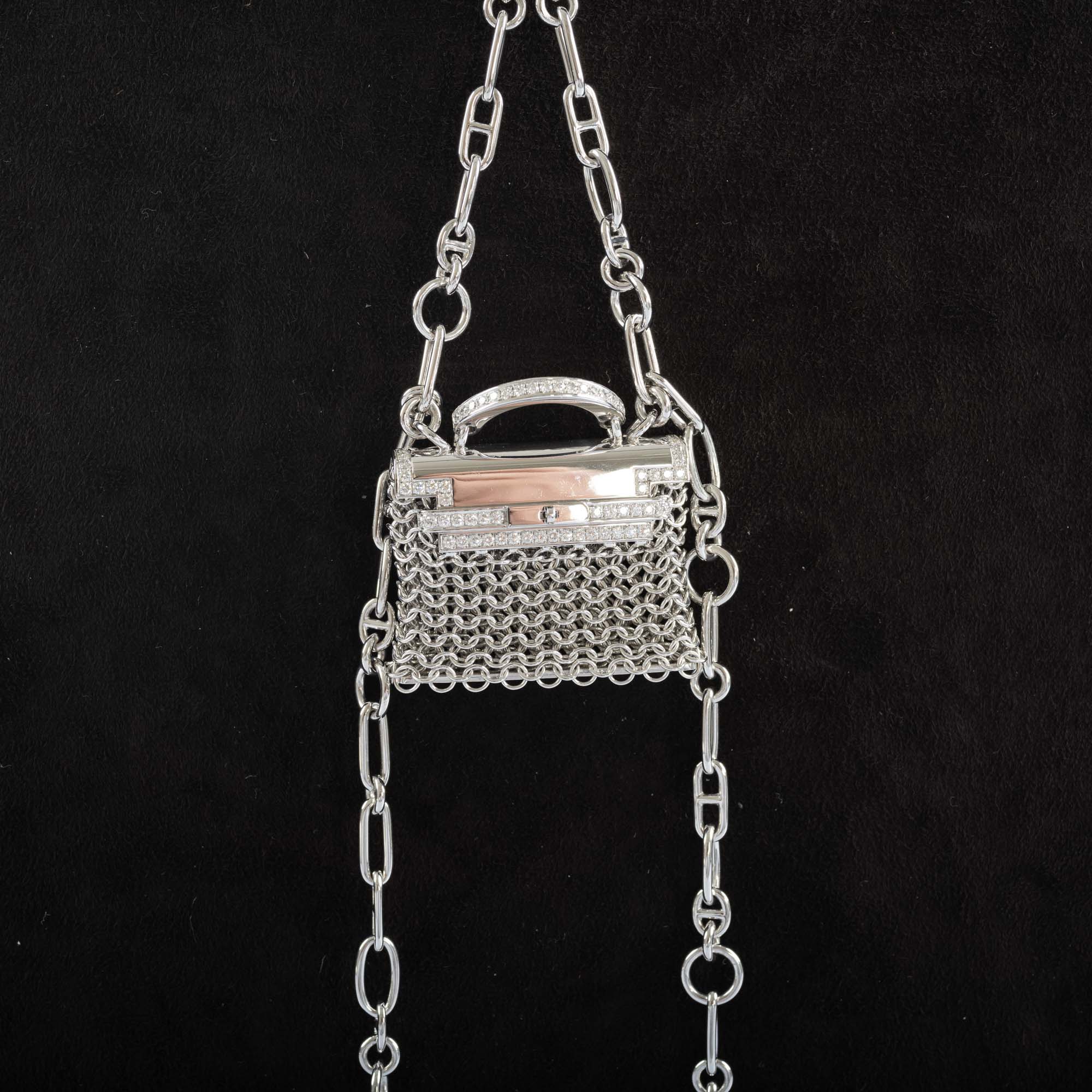 Hermès Kelly Précieux Bijou 18K White Gold and Diamond Micro Bag Necklace