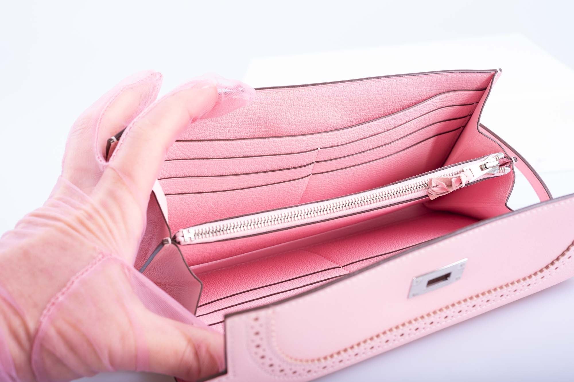 Hermès Kelly Rose Sakura Swift Ghillies Wallet Palladium Hardware