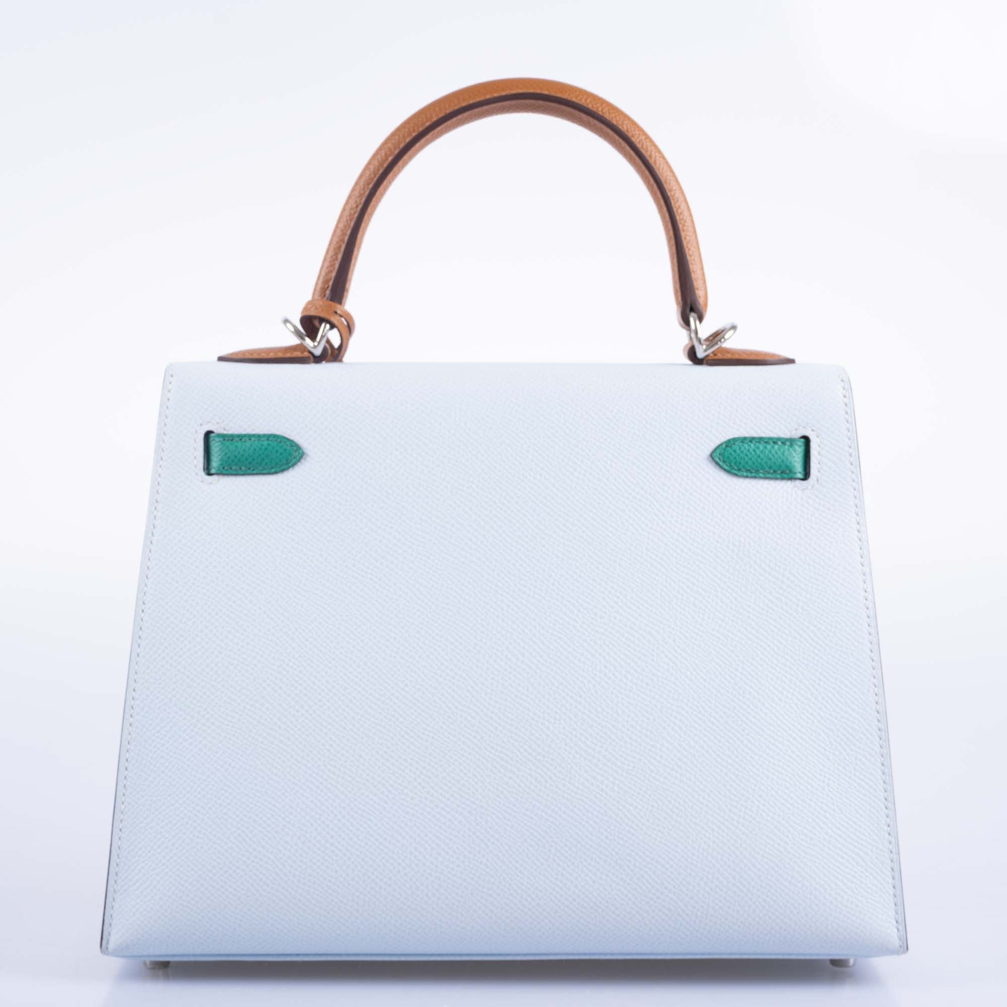 Hermès Kelly Sellier 25 Tri-Color Bleu Brume, Vert Jade and Gold Epsom Palladium Hardware
