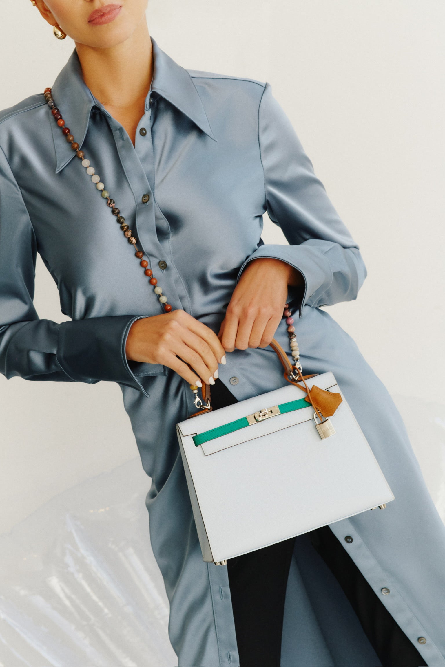 Hermès Kelly Sellier 25 Tri-Color Bleu Brume, Vert Jade and Gold Epsom Palladium Hardware