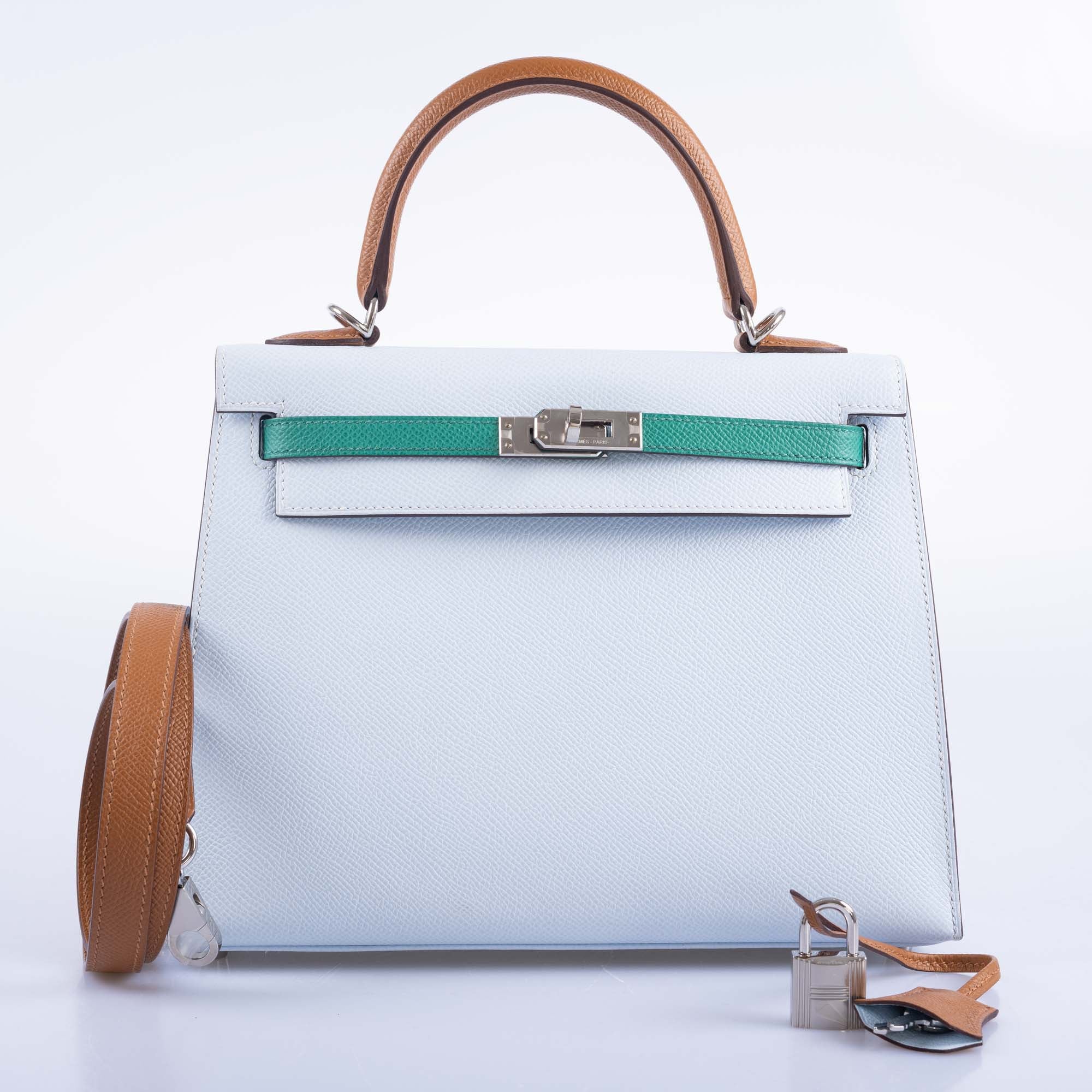 Hermès Kelly Sellier 25 Tri-Color Bleu Brume, Vert Jade and Gold Epsom Palladium Hardware