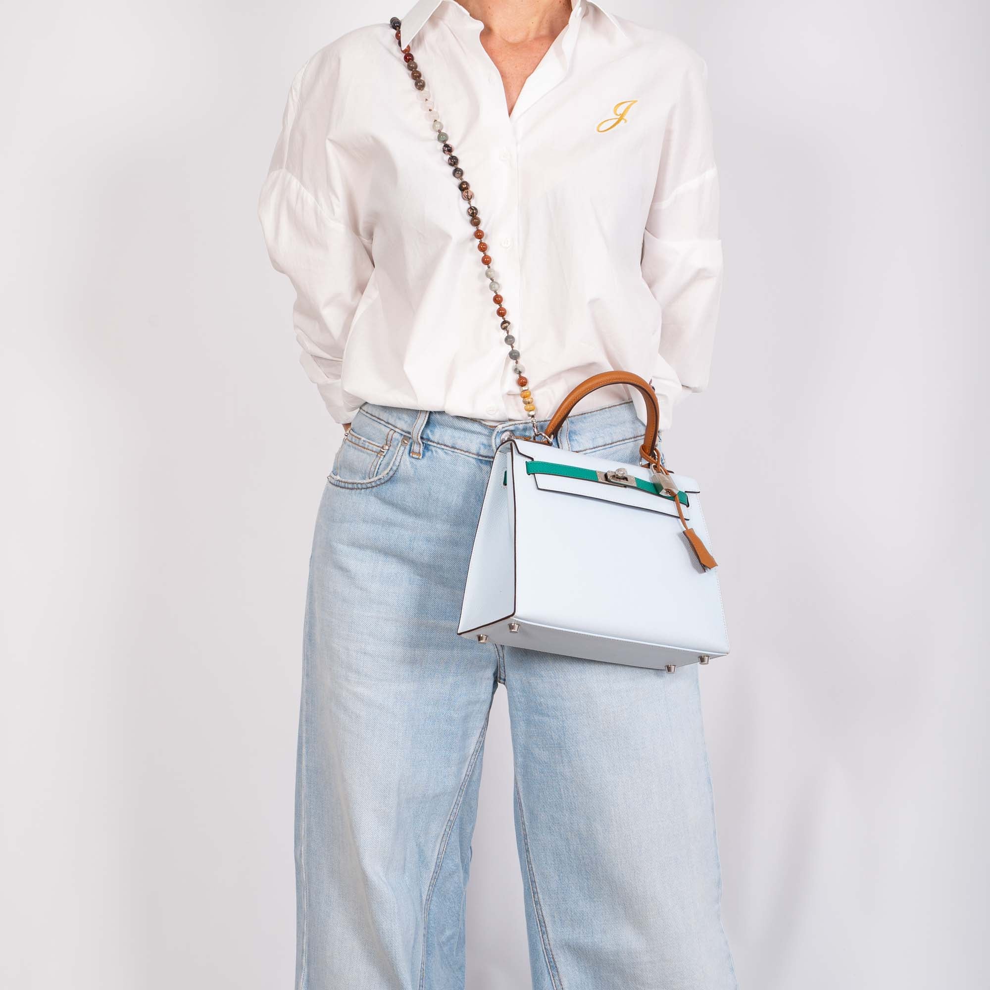 Hermès Kelly Sellier 25 Tri-Color Bleu Brume, Vert Jade and Gold Epsom Palladium Hardware