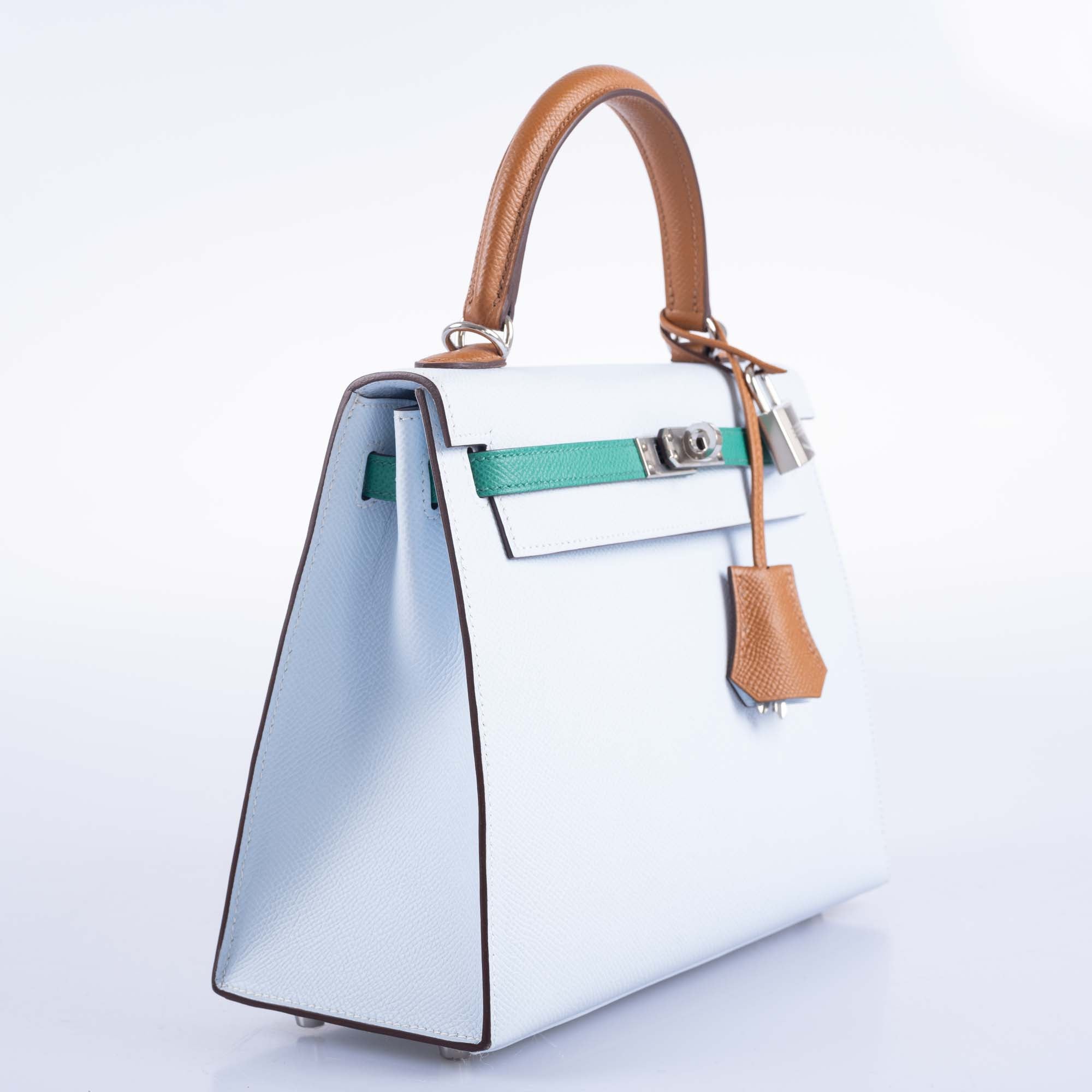 Hermès Kelly Sellier 25 Tri-Color Bleu Brume, Vert Jade and Gold Epsom Palladium Hardware