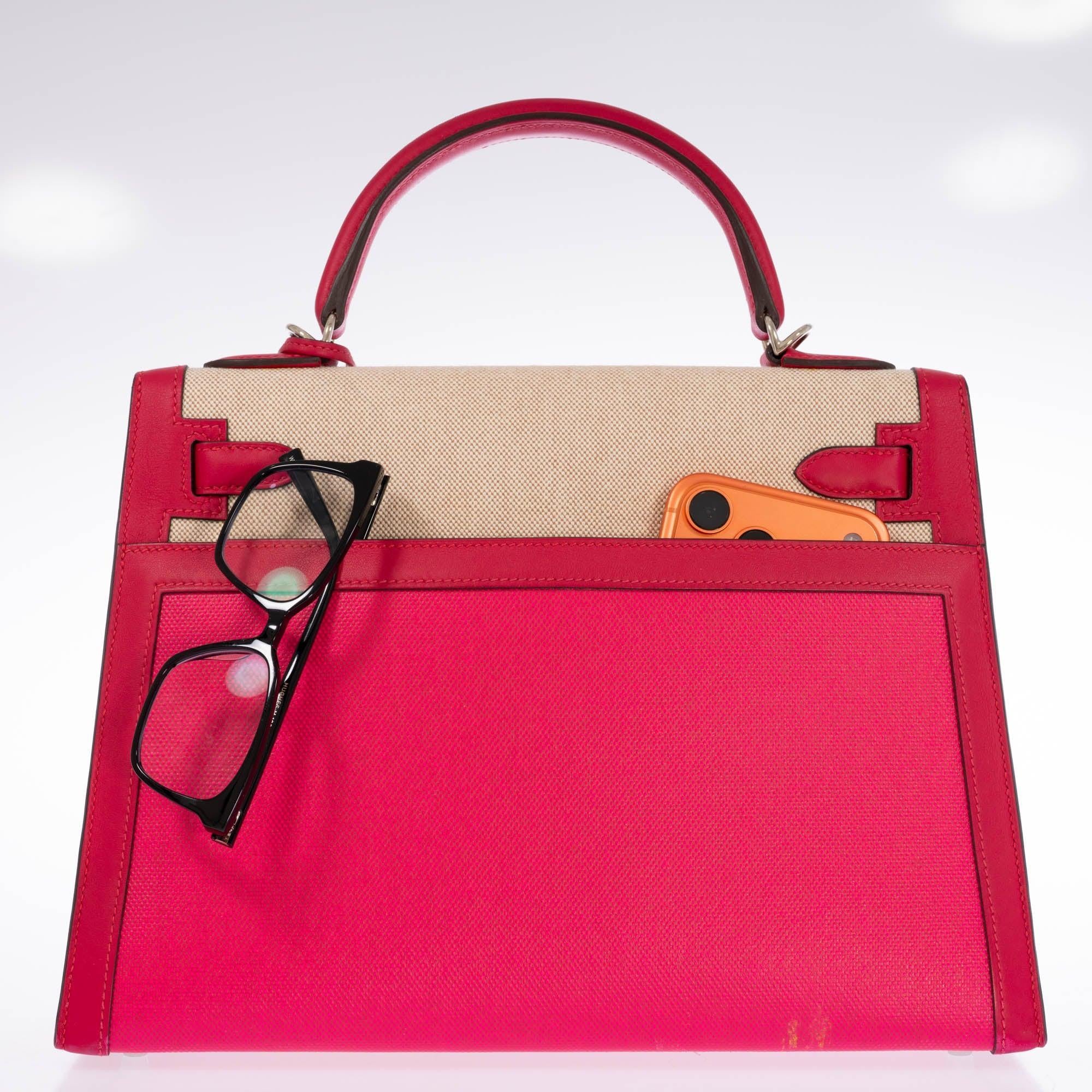 Hermès Kelly Sellier 32 Rose Shocking & Écru-Beige Toile & Framboise Leather Palladium Hardware