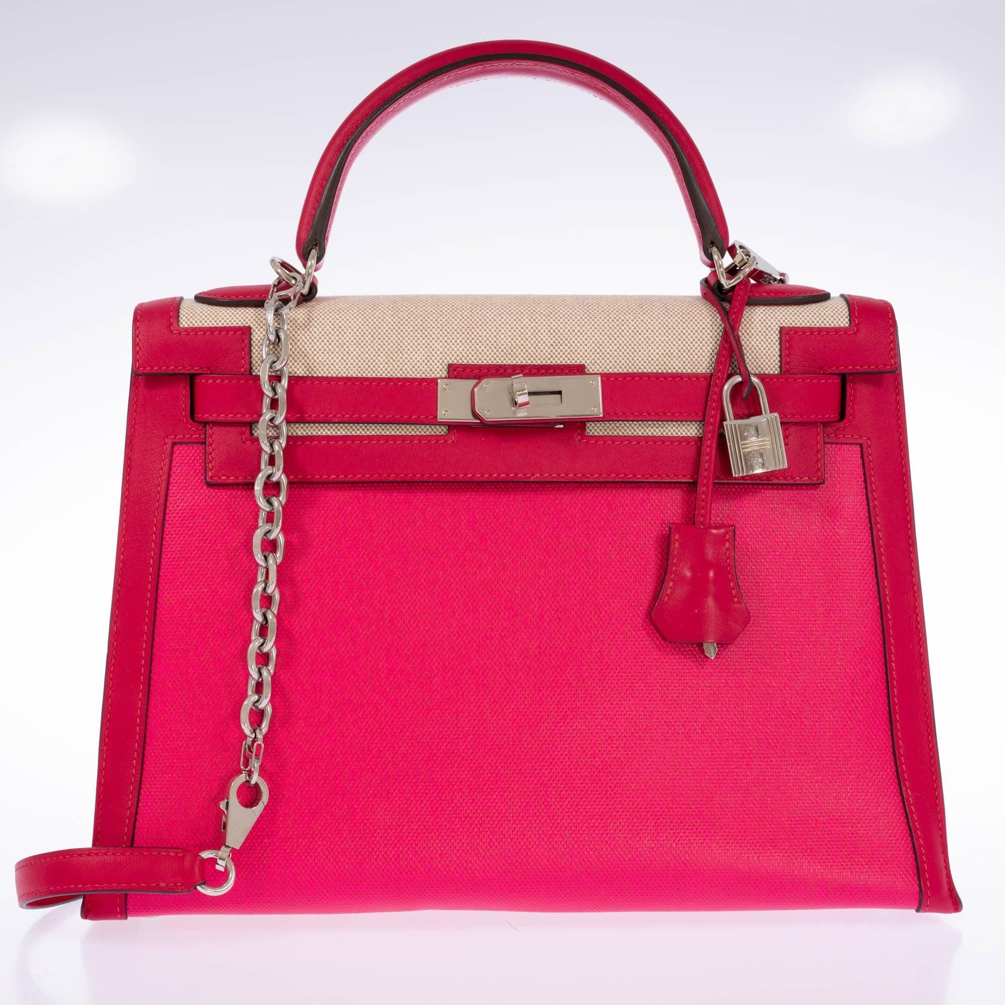 Hermès Kelly Sellier 32 Rose Shocking & Écru-Beige Toile & Framboise Leather Palladium Hardware