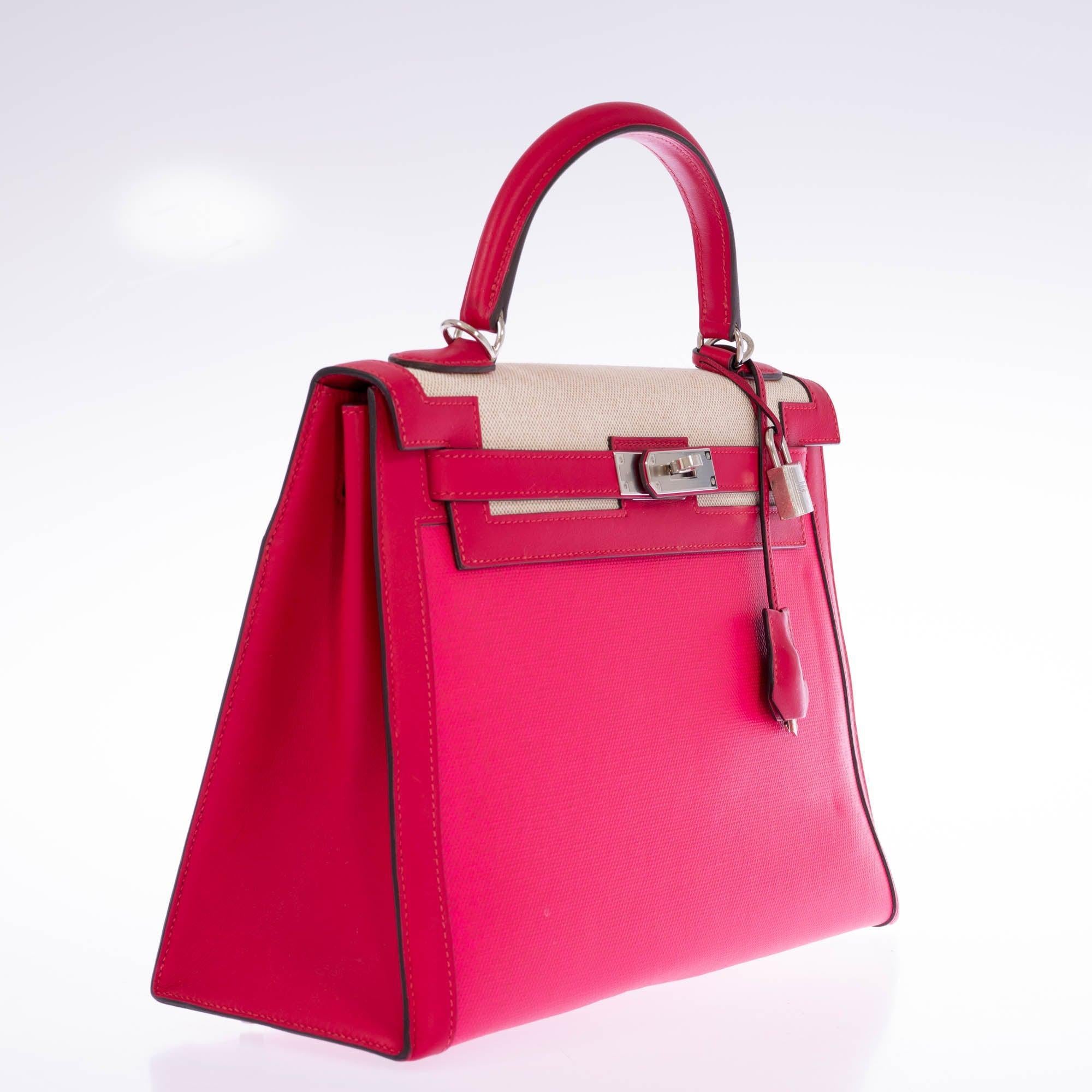 Hermès Kelly Sellier 32 Rose Shocking & Écru-Beige Toile & Framboise Leather Palladium Hardware