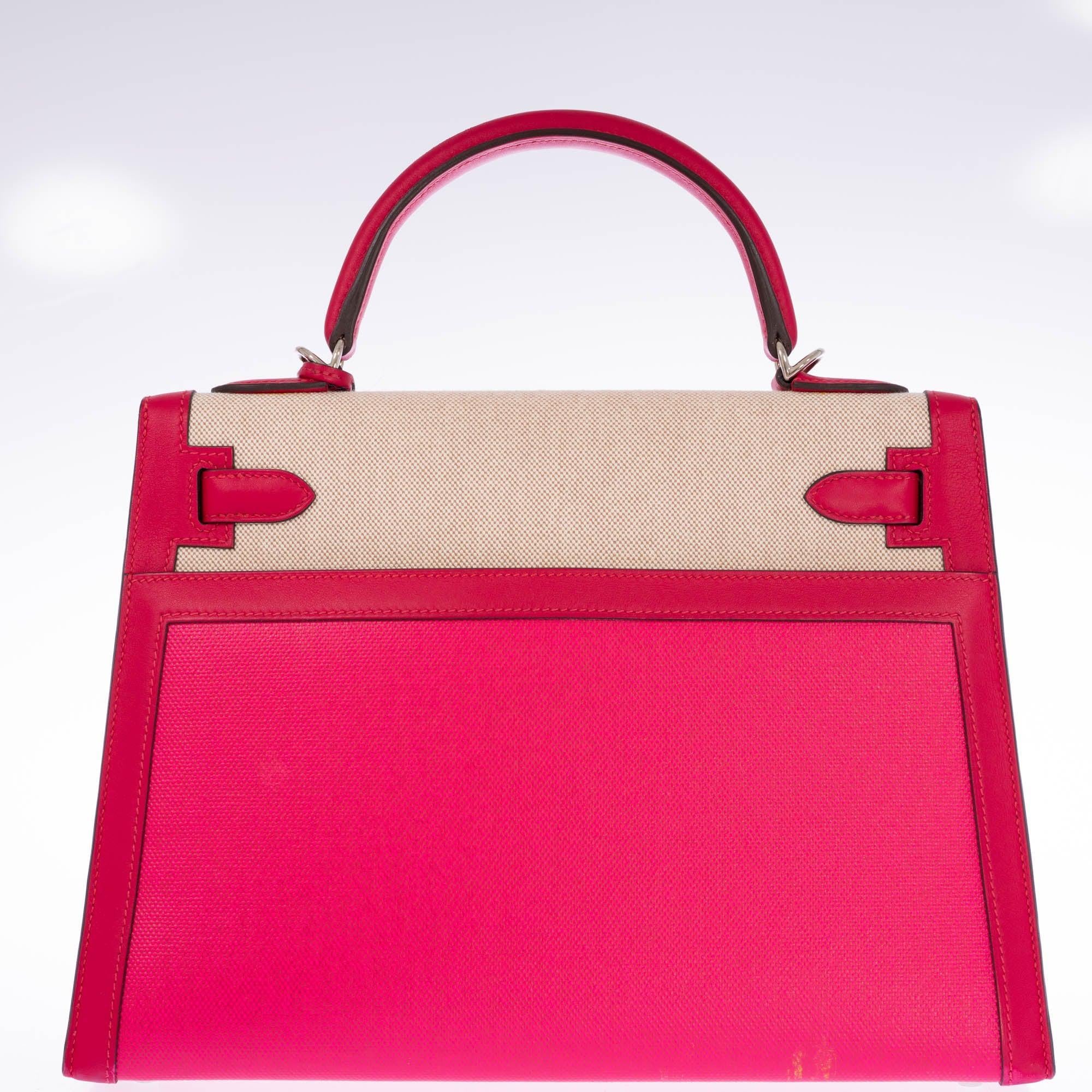 Hermès Kelly Sellier 32 Rose Shocking & Écru-Beige Toile & Framboise Leather Palladium Hardware