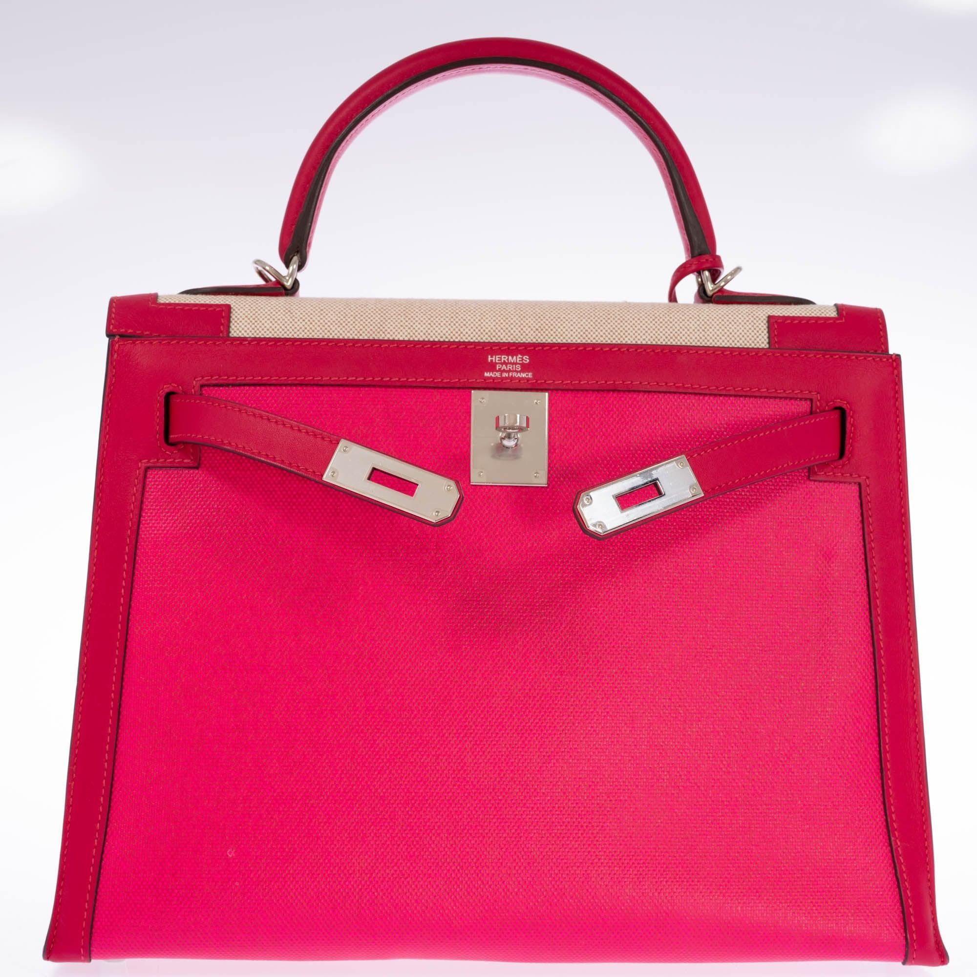 Hermès Kelly Sellier 32 Rose Shocking & Écru-Beige Toile & Framboise Leather Palladium Hardware