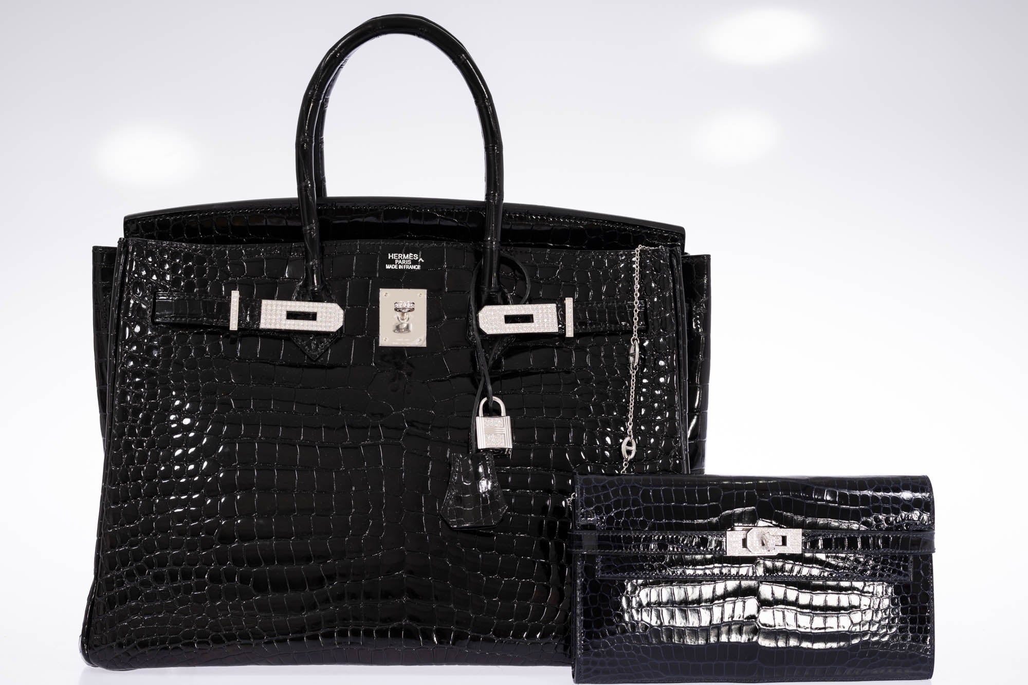 Hermès Kelly Wallet Bleu Marine Shiny Porosus Crocodile 18K White Gold & Diamond Hardware