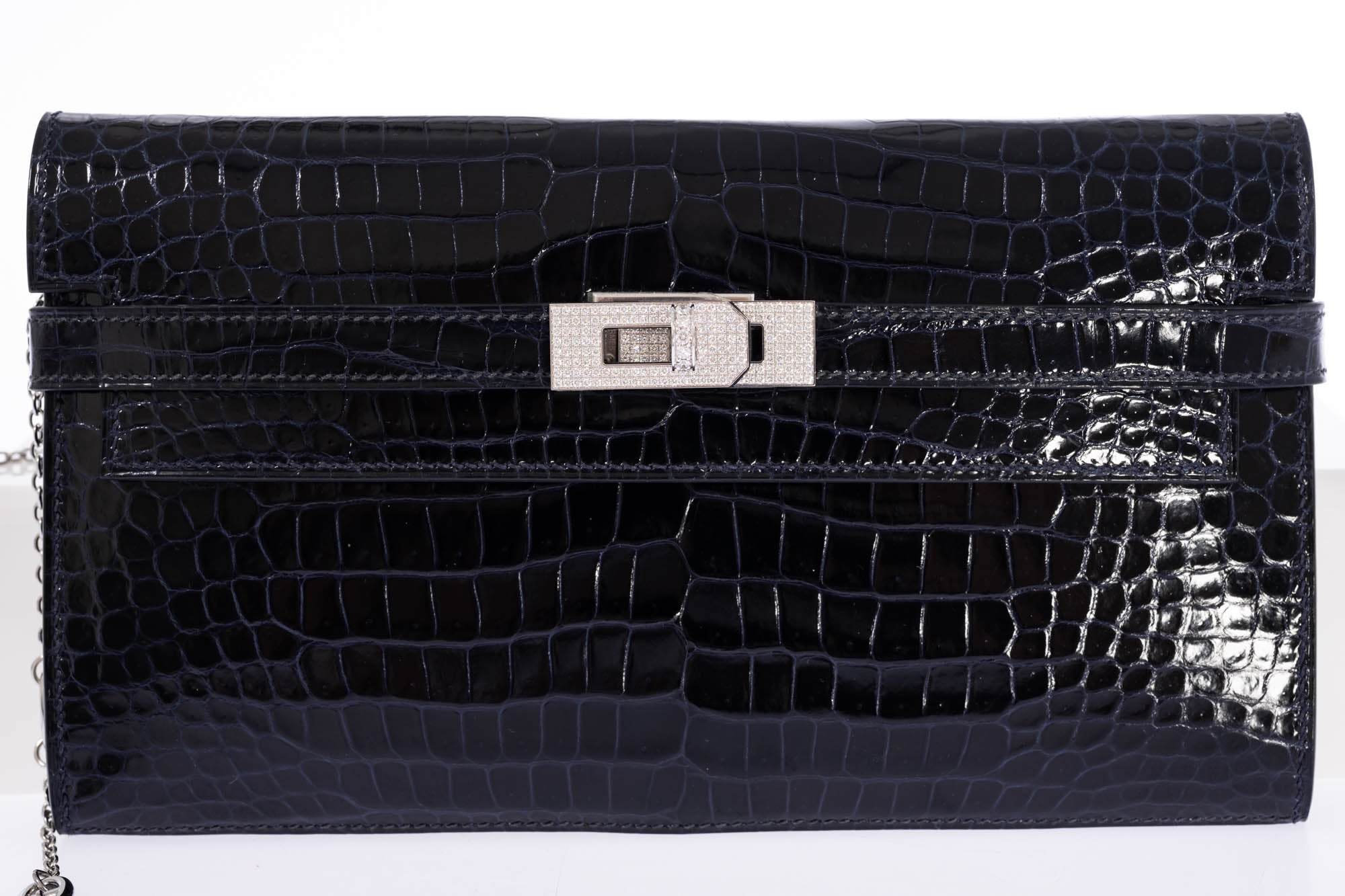 Hermès Kelly Wallet Bleu Marine Shiny Porosus Crocodile 18K White Gold & Diamond Hardware