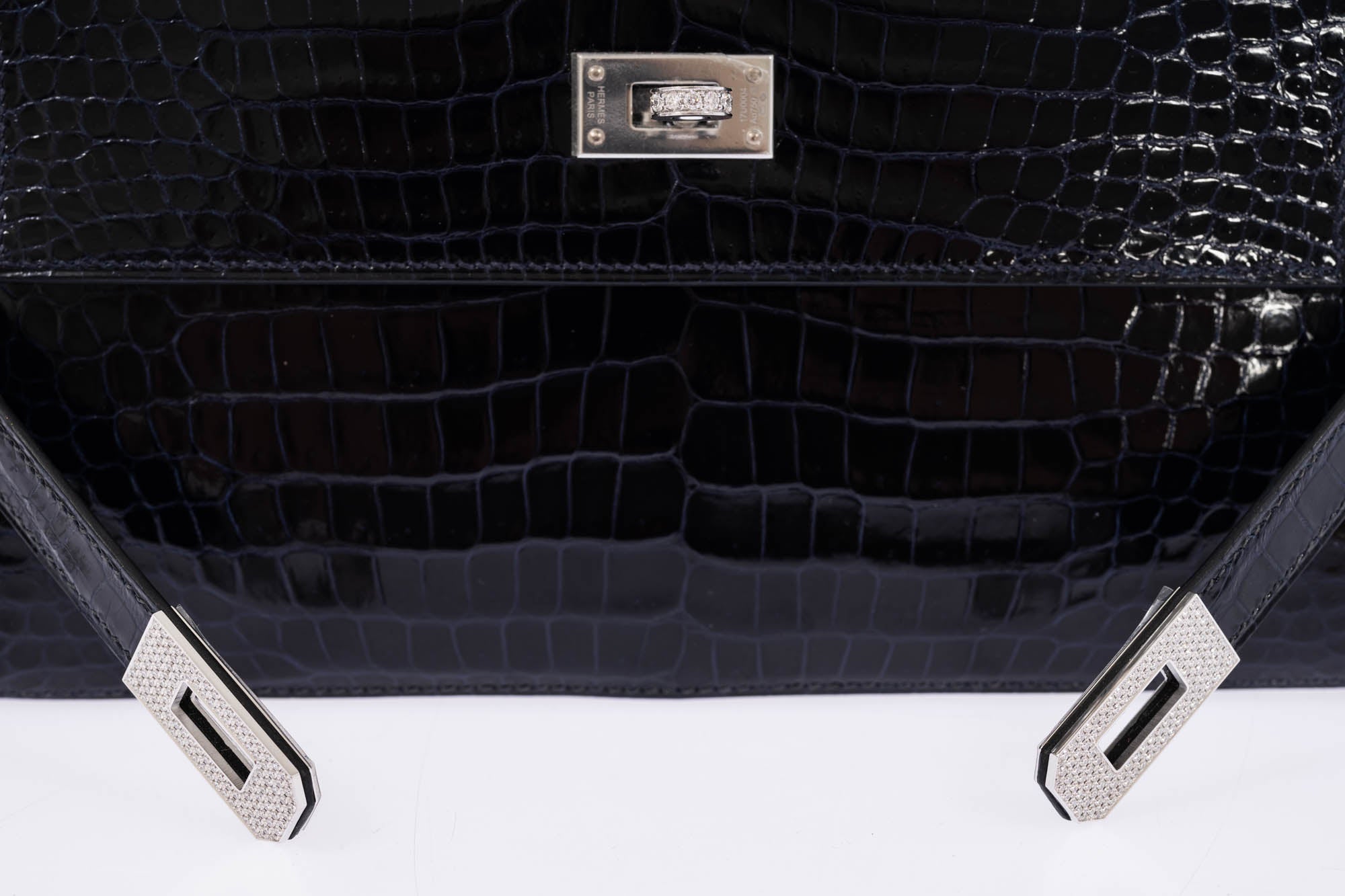 Hermès Kelly Wallet Bleu Marine Shiny Porosus Crocodile 18K White Gold & Diamond Hardware