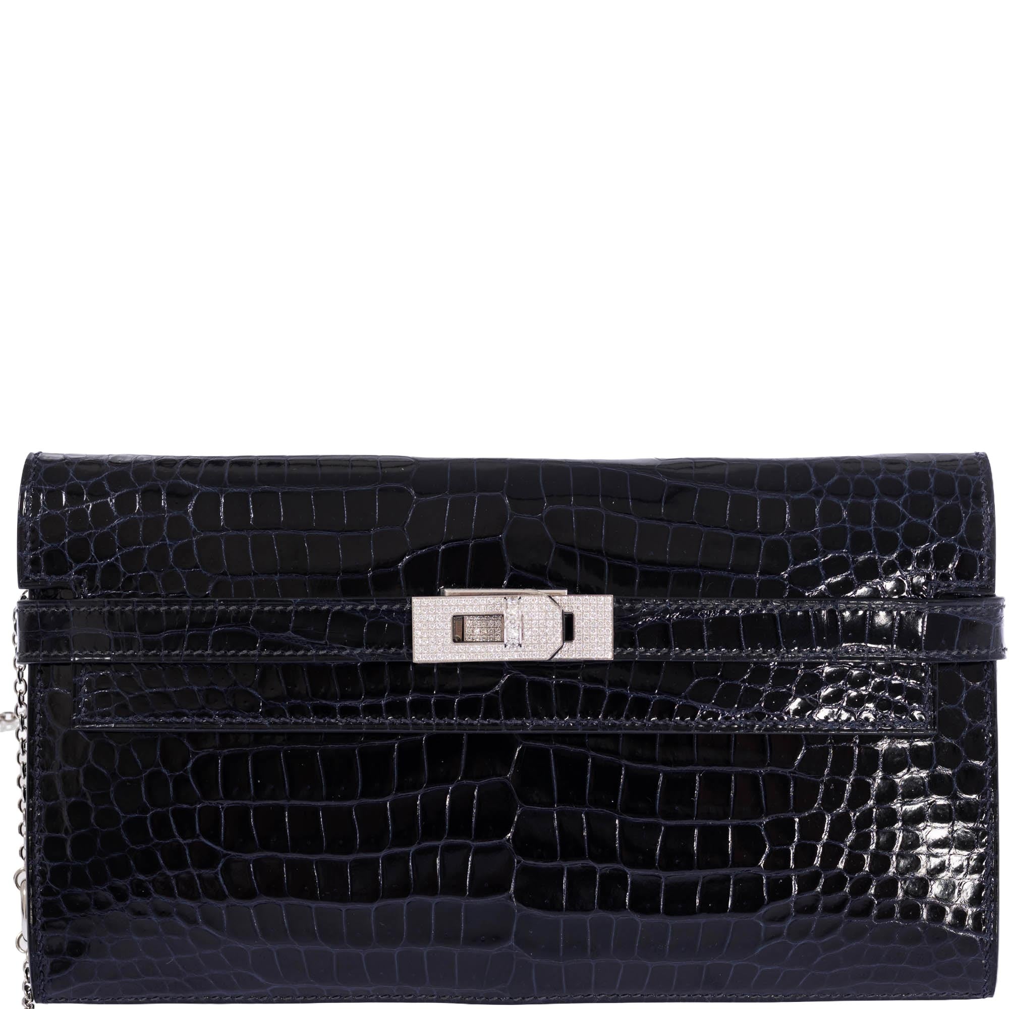 Hermès Kelly Wallet Bleu Marine Shiny Porosus Crocodile 18K White Gold & Diamond Hardware