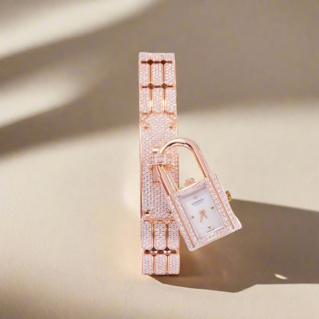 Hermès Kelly Watch High Jewelry Full Diamond Pavé Rose Gold 3-Piece Set