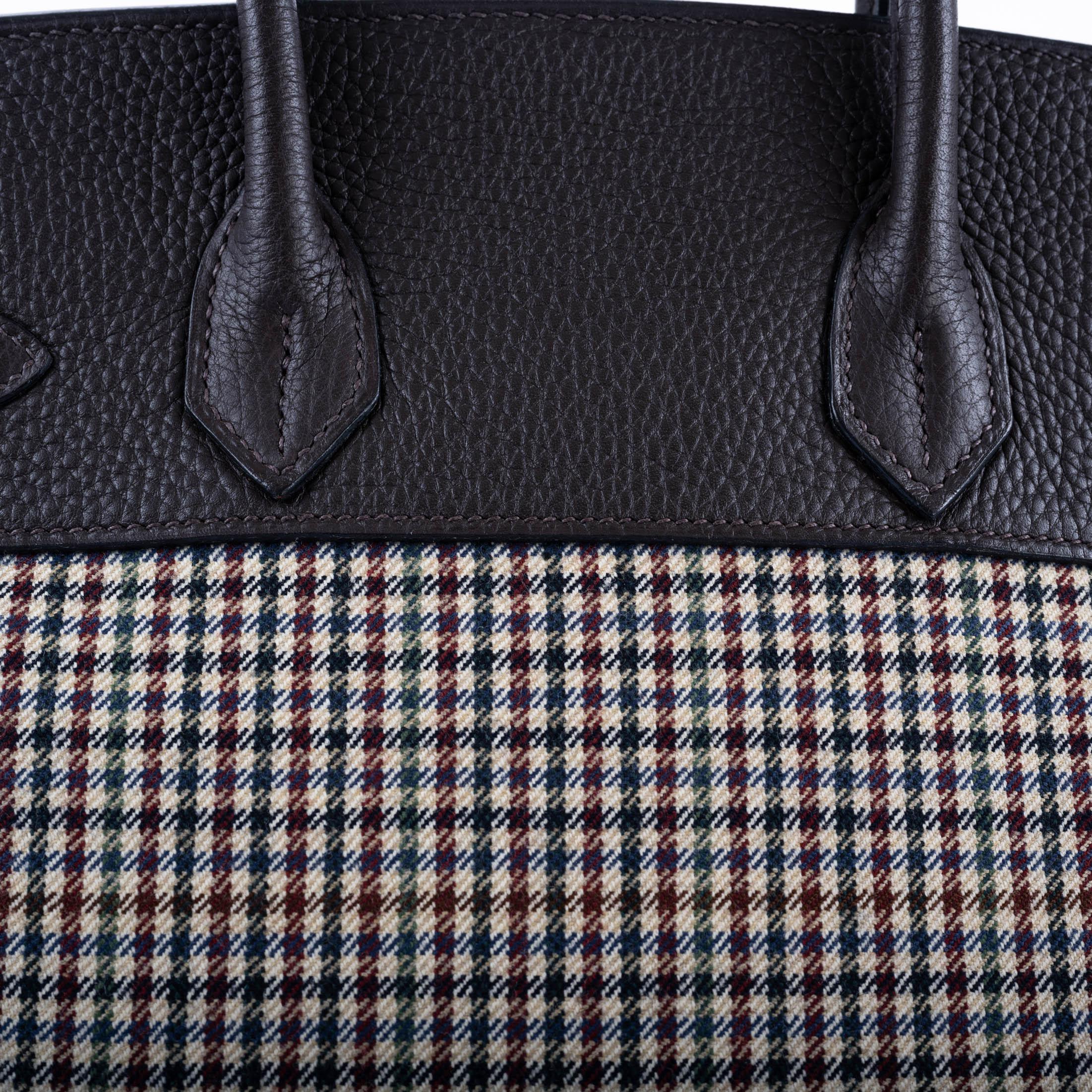 Hermès Lainage Birkin 30 Houndstooth Plaid Wool and Ebene Togo Palladium Hardware