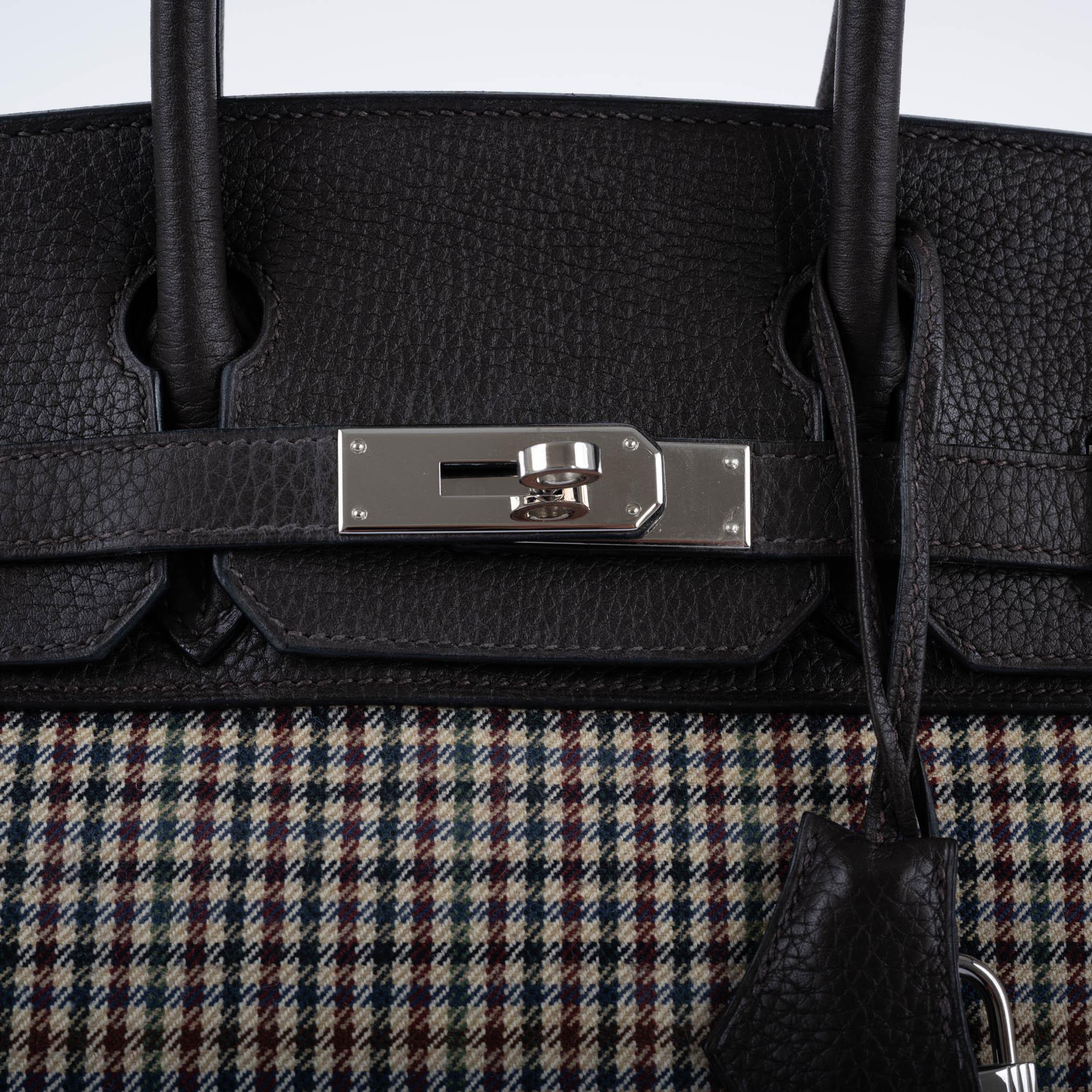 Hermès Lainage Birkin 30 Houndstooth Plaid Wool and Ebene Togo Palladium Hardware