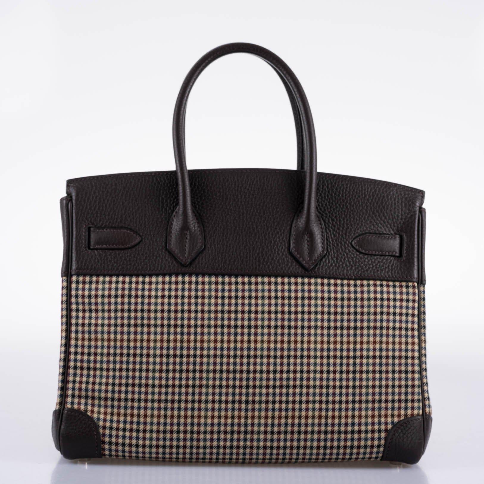 Hermès Lainage Birkin 30 Houndstooth Plaid Wool and Ebene Togo Palladium Hardware