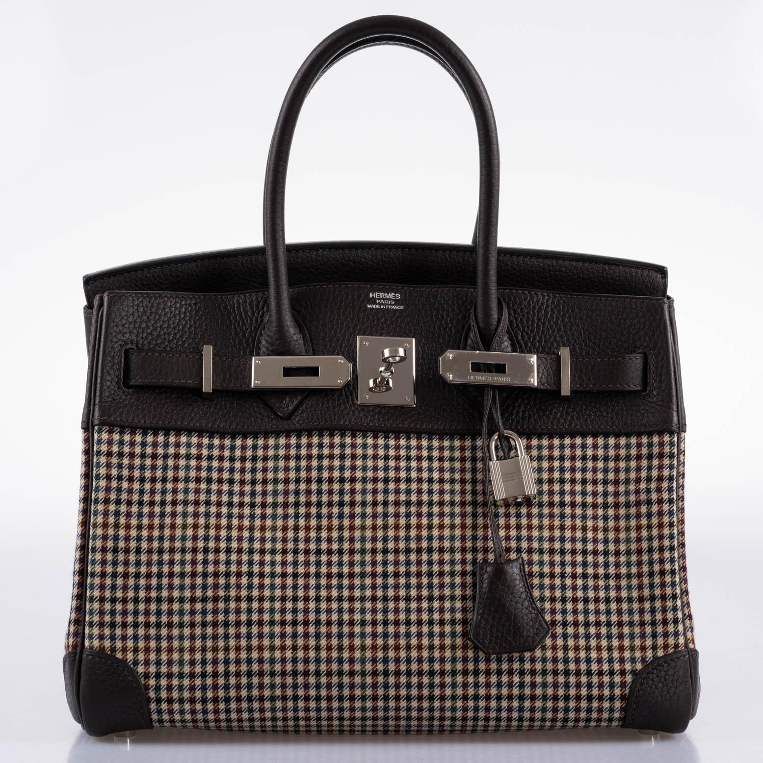 Hermès Lainage Birkin 30 Houndstooth Plaid Wool and Ebene Togo Palladium Hardware