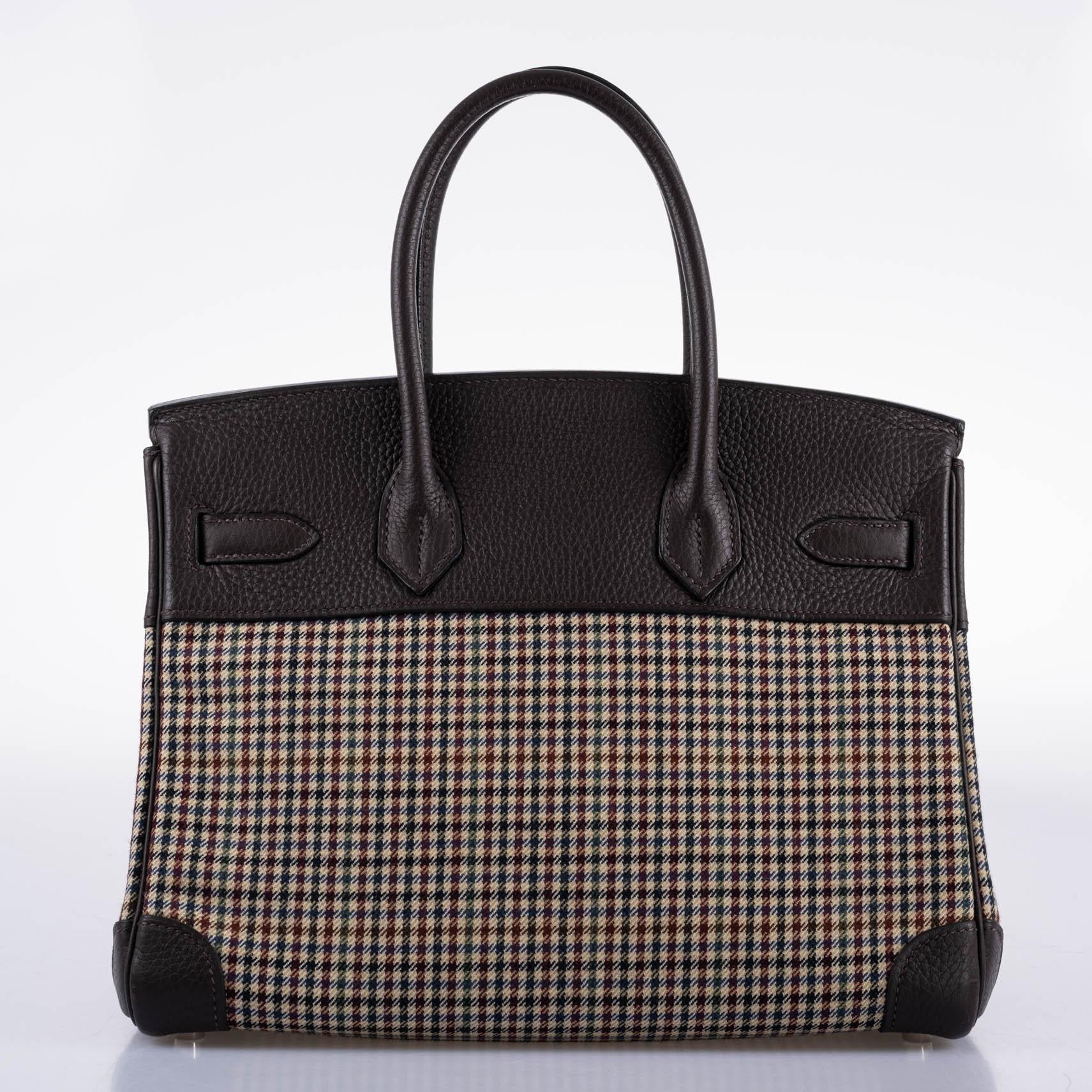 Hermès Lainage Birkin 30 Houndstooth Plaid Wool and Ebene Togo Palladium Hardware