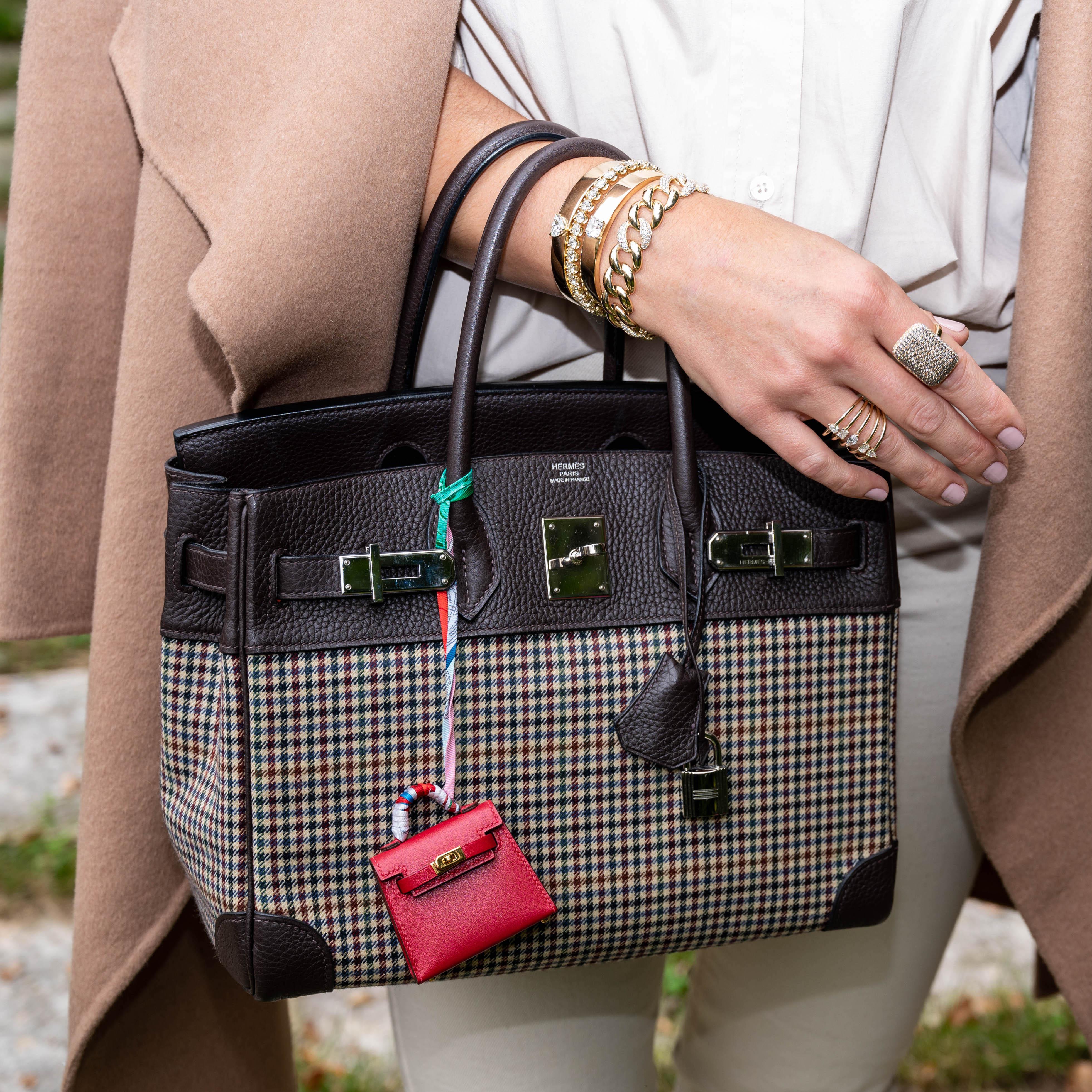 Hermès Lainage Birkin 30 Houndstooth Plaid Wool and Ebene Togo Palladium Hardware