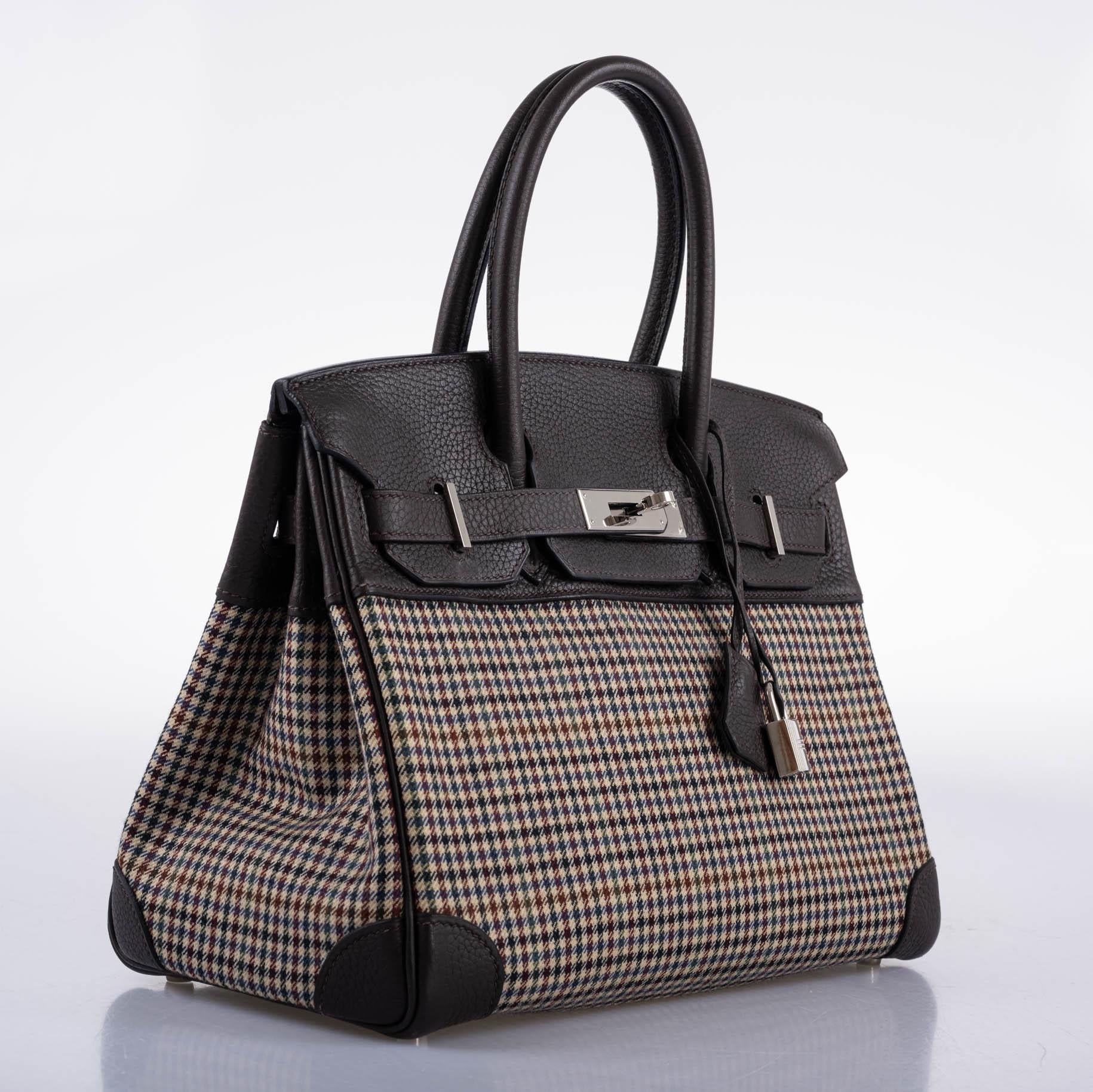 Hermès Lainage Birkin 30 Houndstooth Plaid Wool and Ebene Togo Palladium Hardware