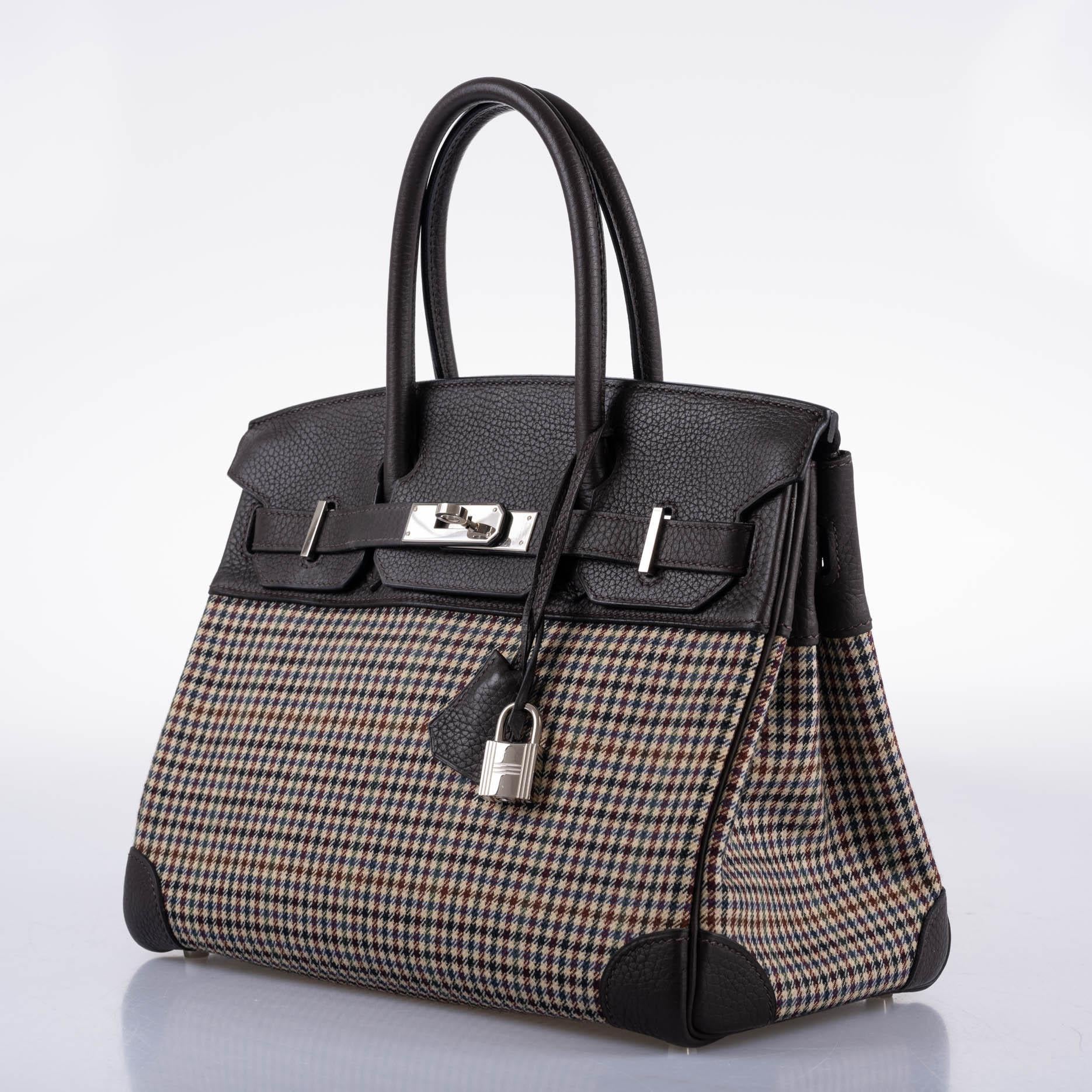Hermès Lainage Birkin 30 Houndstooth Plaid Wool and Ebene Togo Palladium Hardware