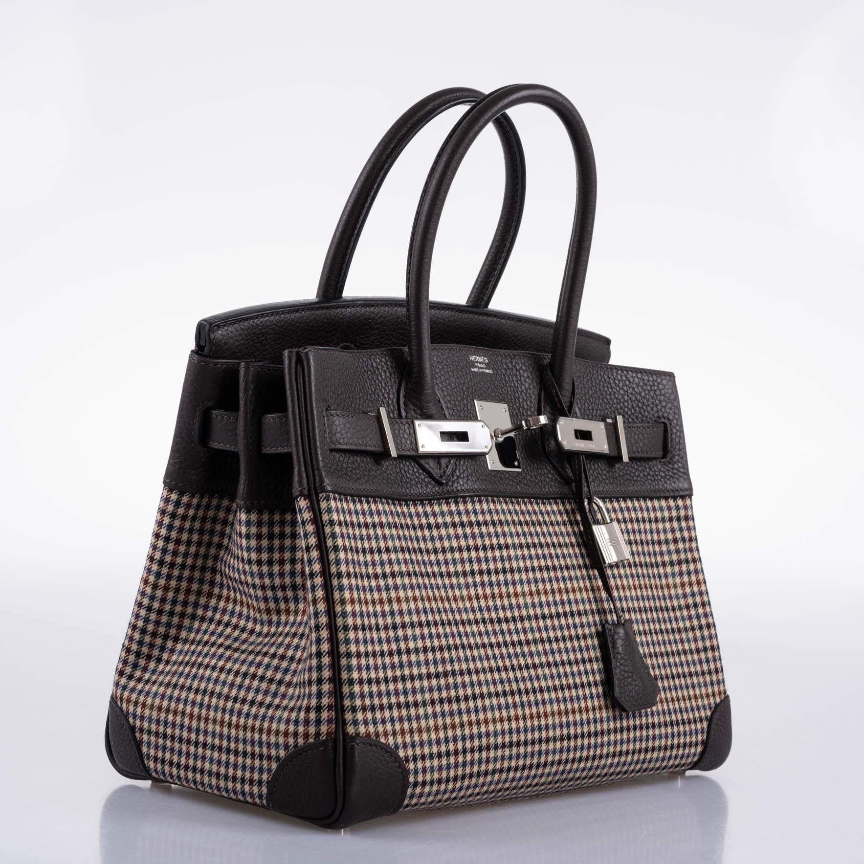 Hermès Lainage Birkin 30 Houndstooth Plaid Wool and Ebene Togo Palladium Hardware