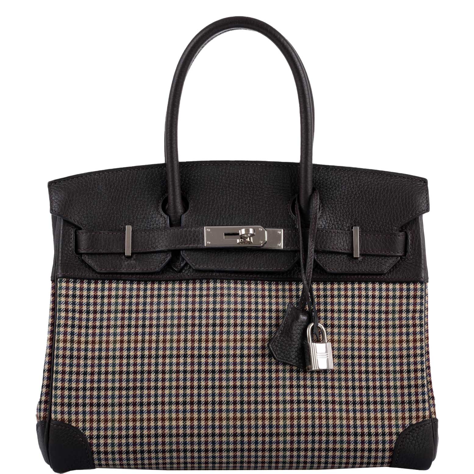 Hermès Lainage Birkin 30 Houndstooth Plaid Wool and Ebene Togo Palladium Hardware