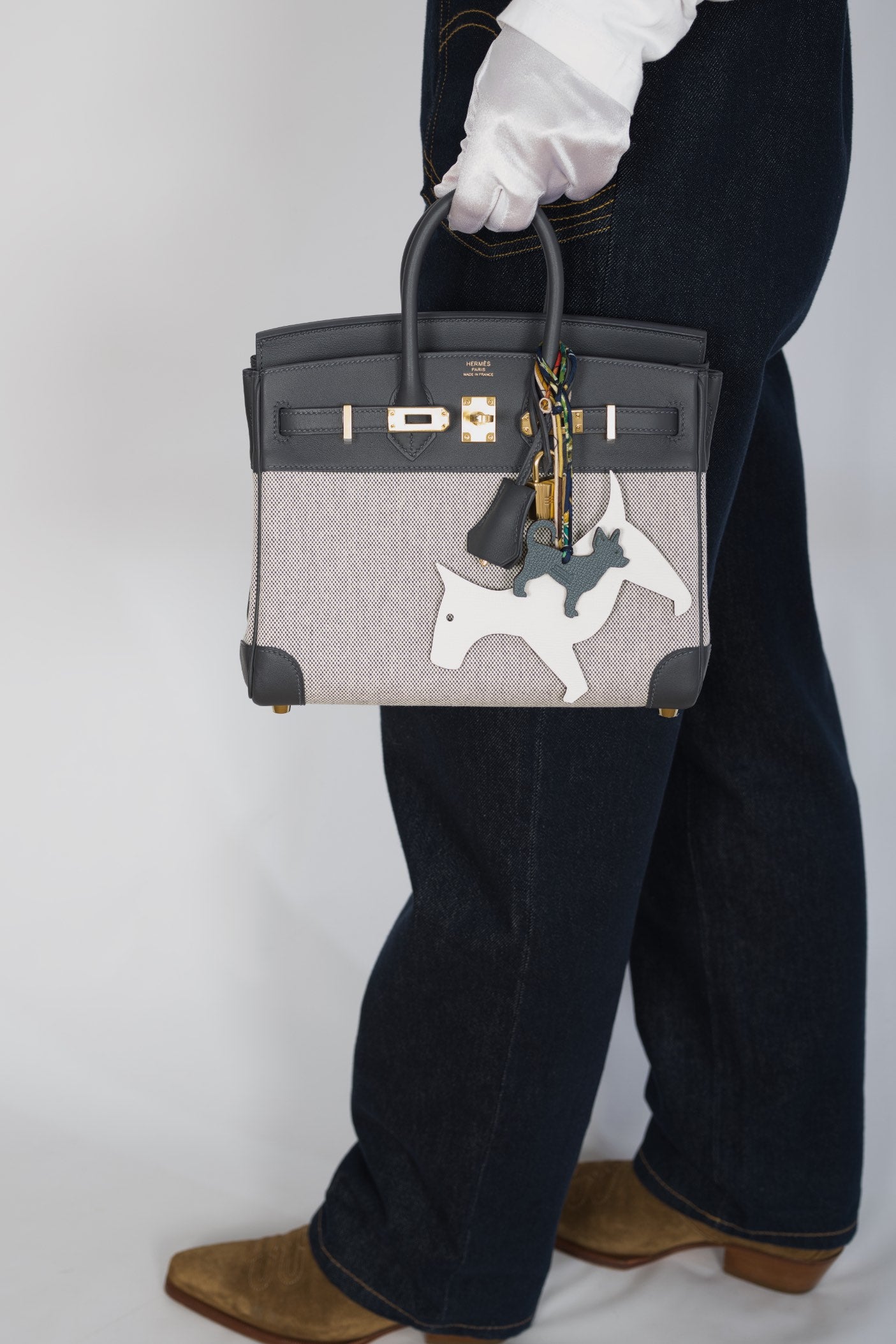 Hermès Limited Edition Birkin 25 in Écru and Ardoise Toile H and Veau Swift Gold Hardware