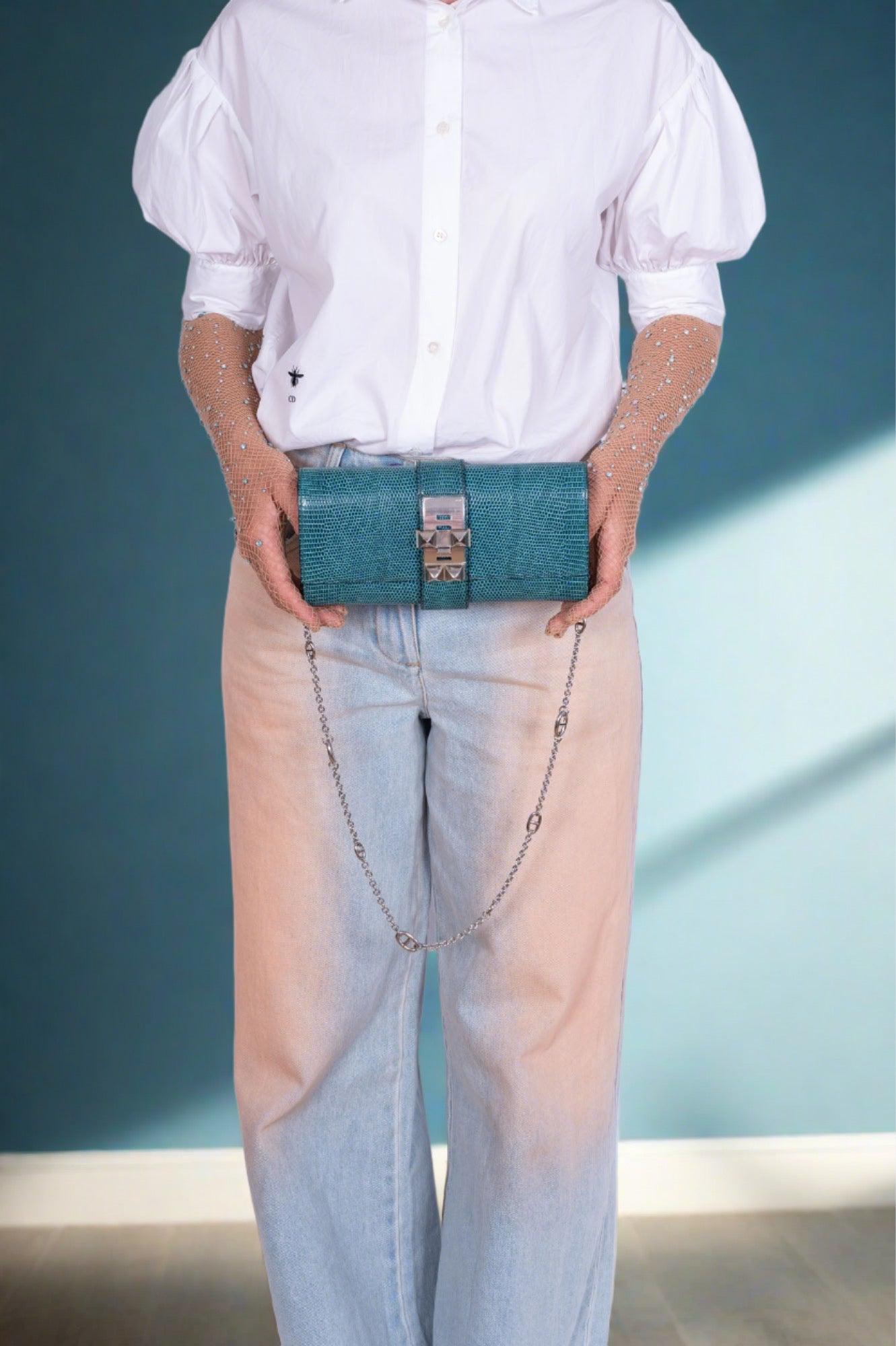Hermès Medor 23 Clutch Blue Patrole Lizard Palladium Hardware