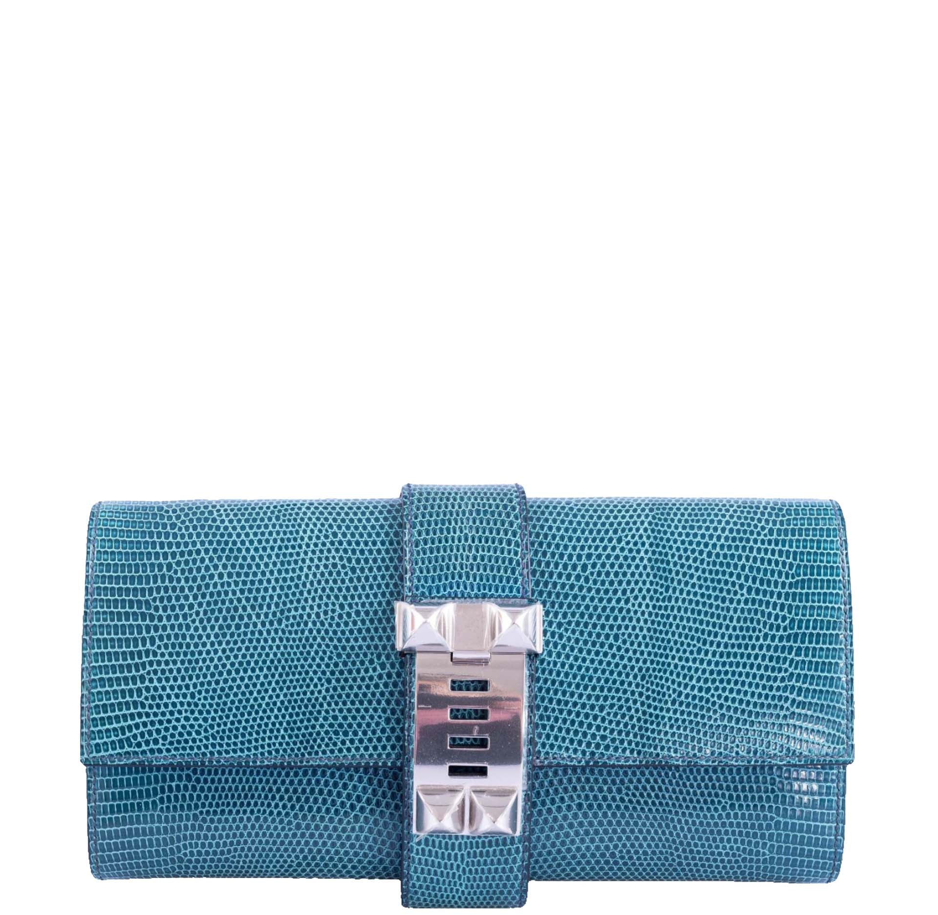 Hermès Medor 23 Clutch Blue Patrole Lizard Palladium Hardware