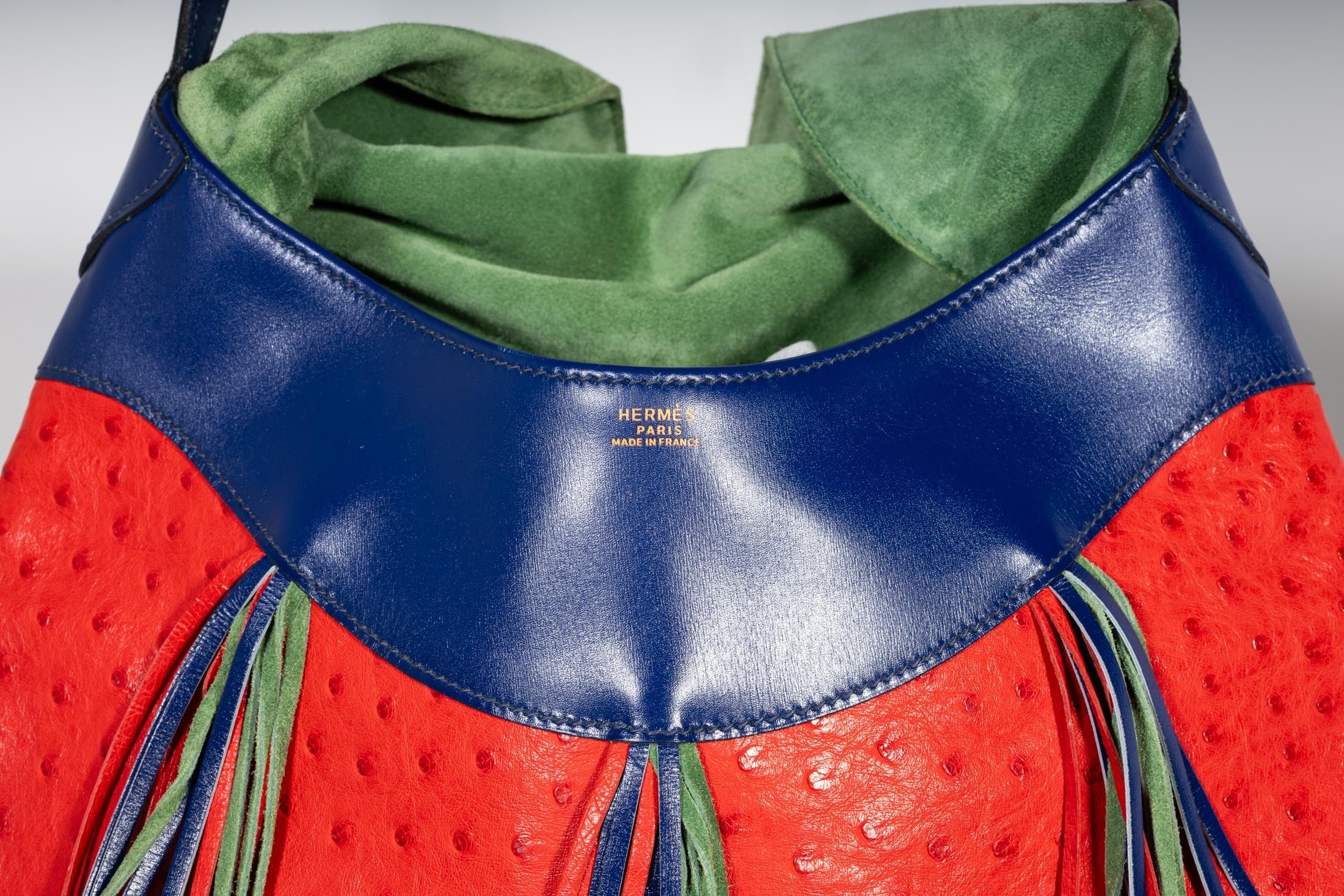 Hermès Méharé Symbiose Rouge Vif Ostrich and Vert Olive Doblis Gold Hardware