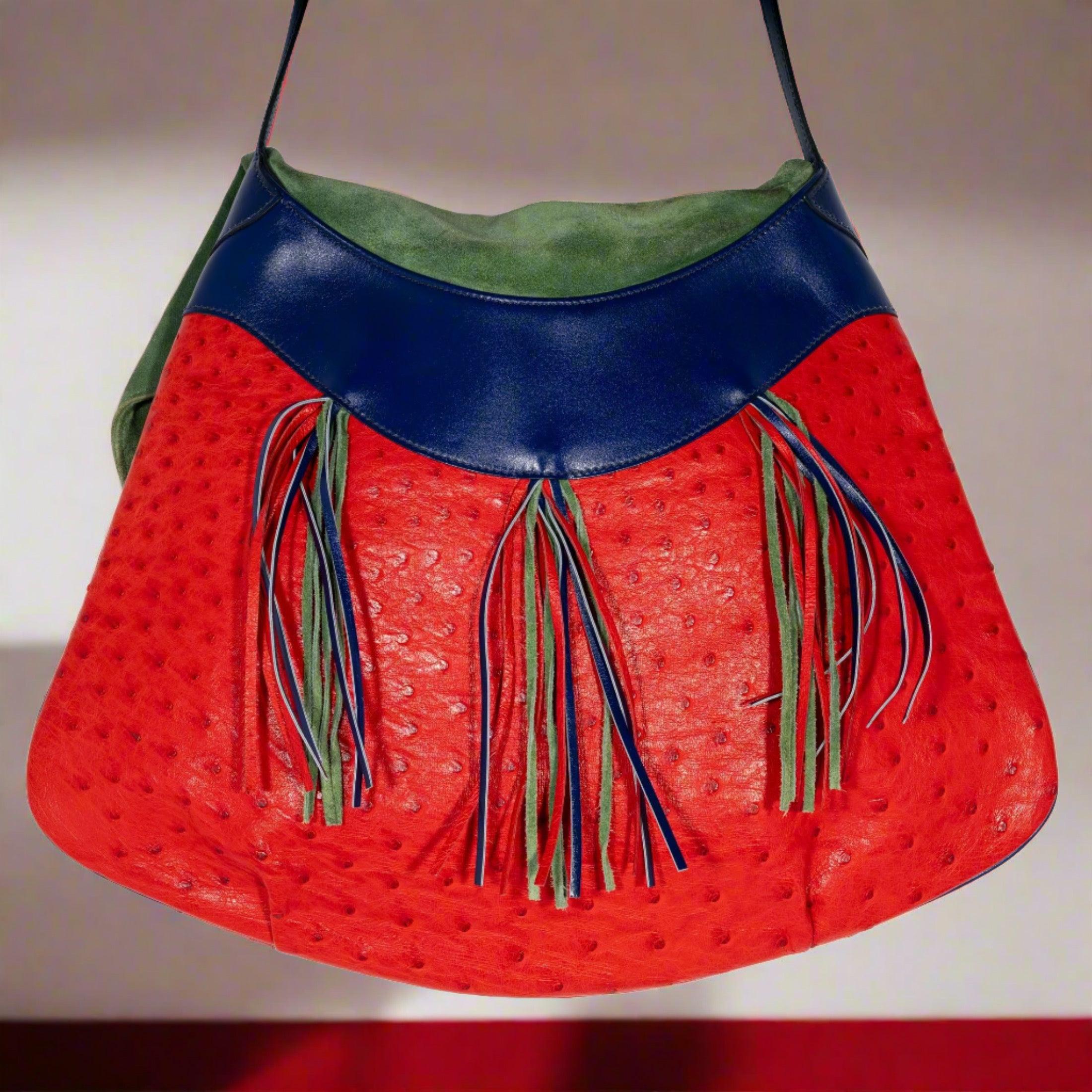 Hermès Méharé Symbiose Rouge Vif Ostrich and Vert Olive Doblis Gold Hardware