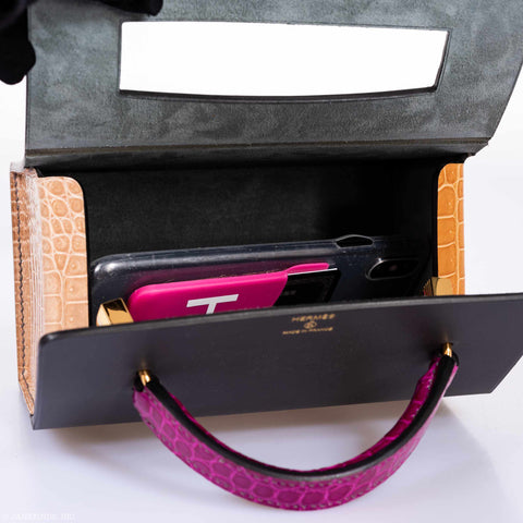 Hermès Minaudière 18 petit h Graphite, Fuchsia, Poussiere Porosus Crocodile & Calf Gold Hardware Bag