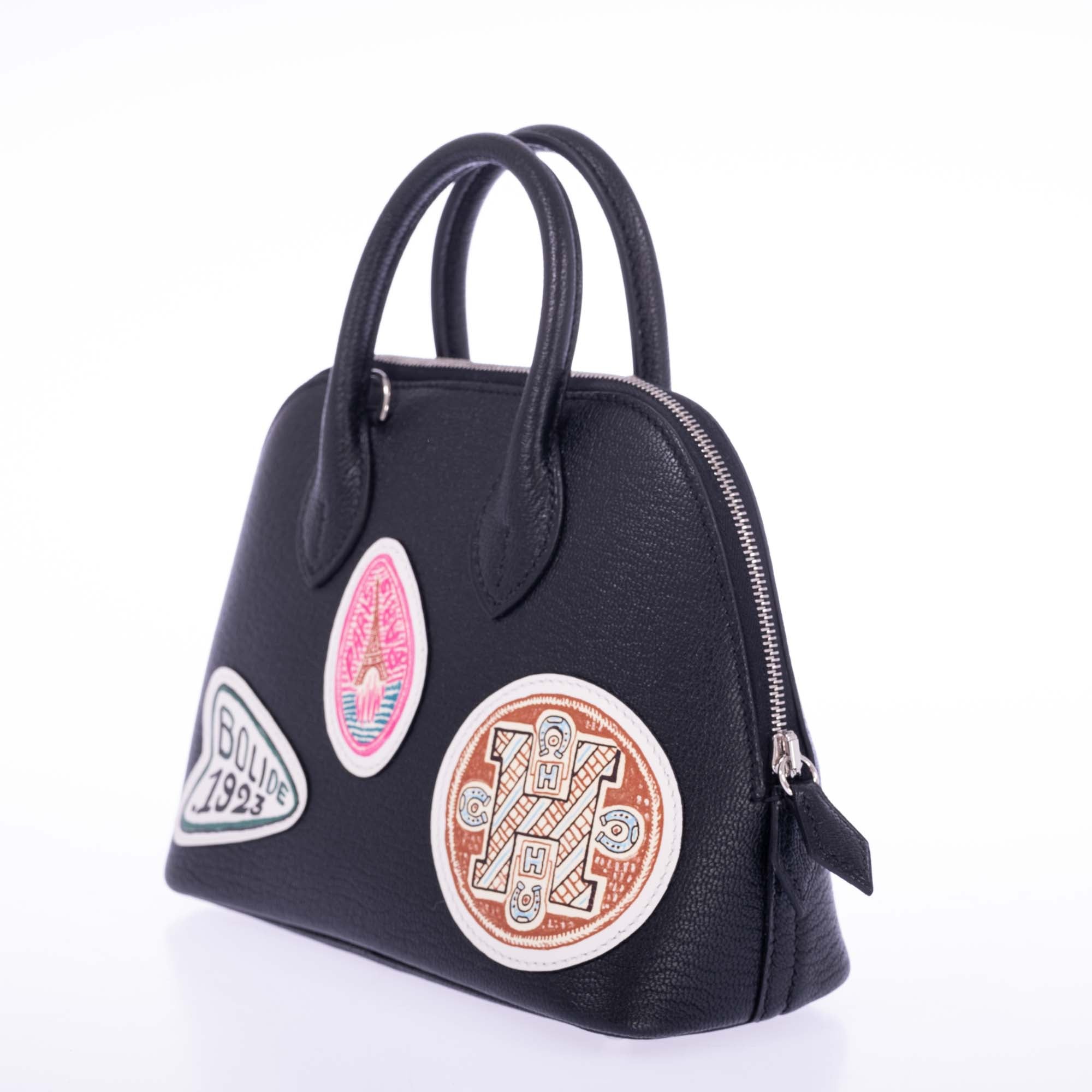 Hermès Mini Bolide 1923 Pique-Colle Black Mysore Chèvre and Printed Swift Palladium Hardware