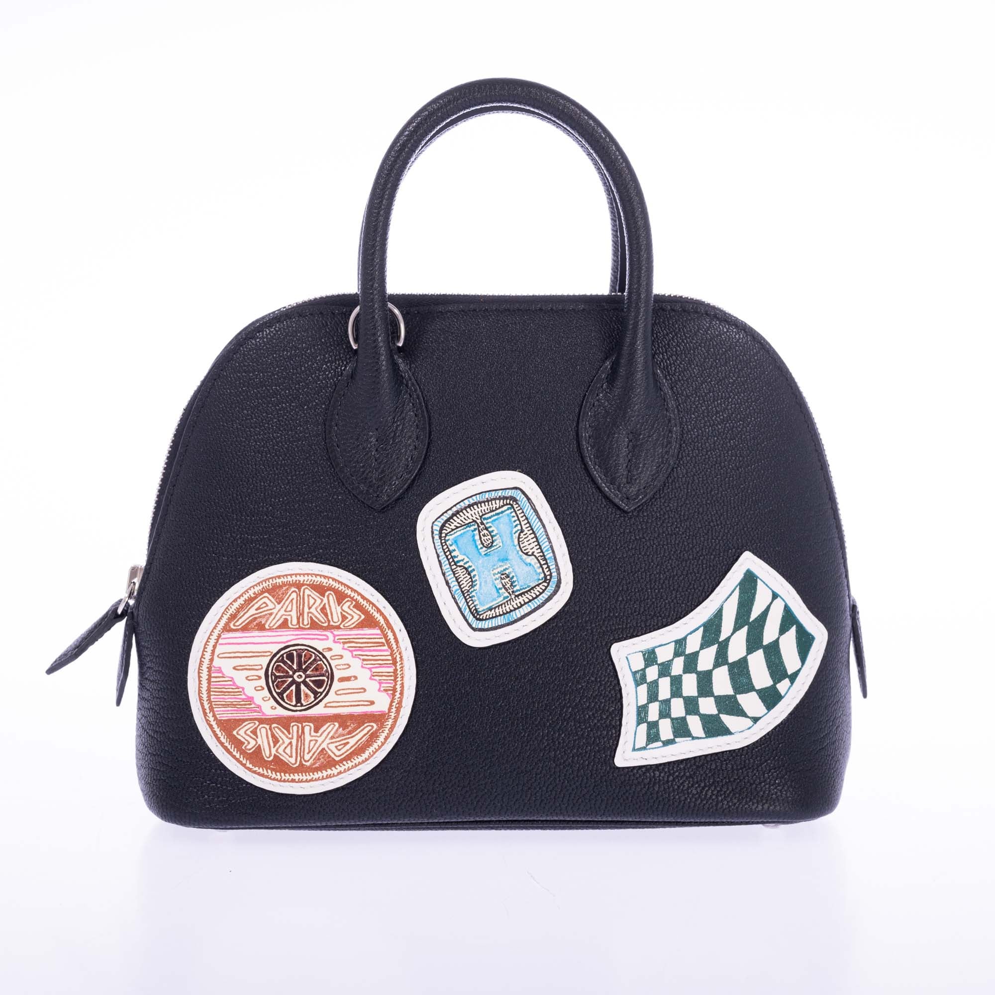 Hermès Mini Bolide 1923 Pique-Colle Noir Mysore Chèvre and Printed Swift Palladium Hardware