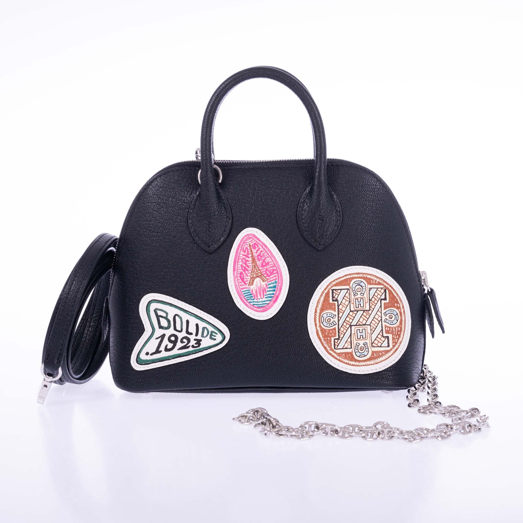 Hermès Mini Bolide 1923 Pique-Colle Noir Mysore Chèvre and Printed Swift Palladium Hardware