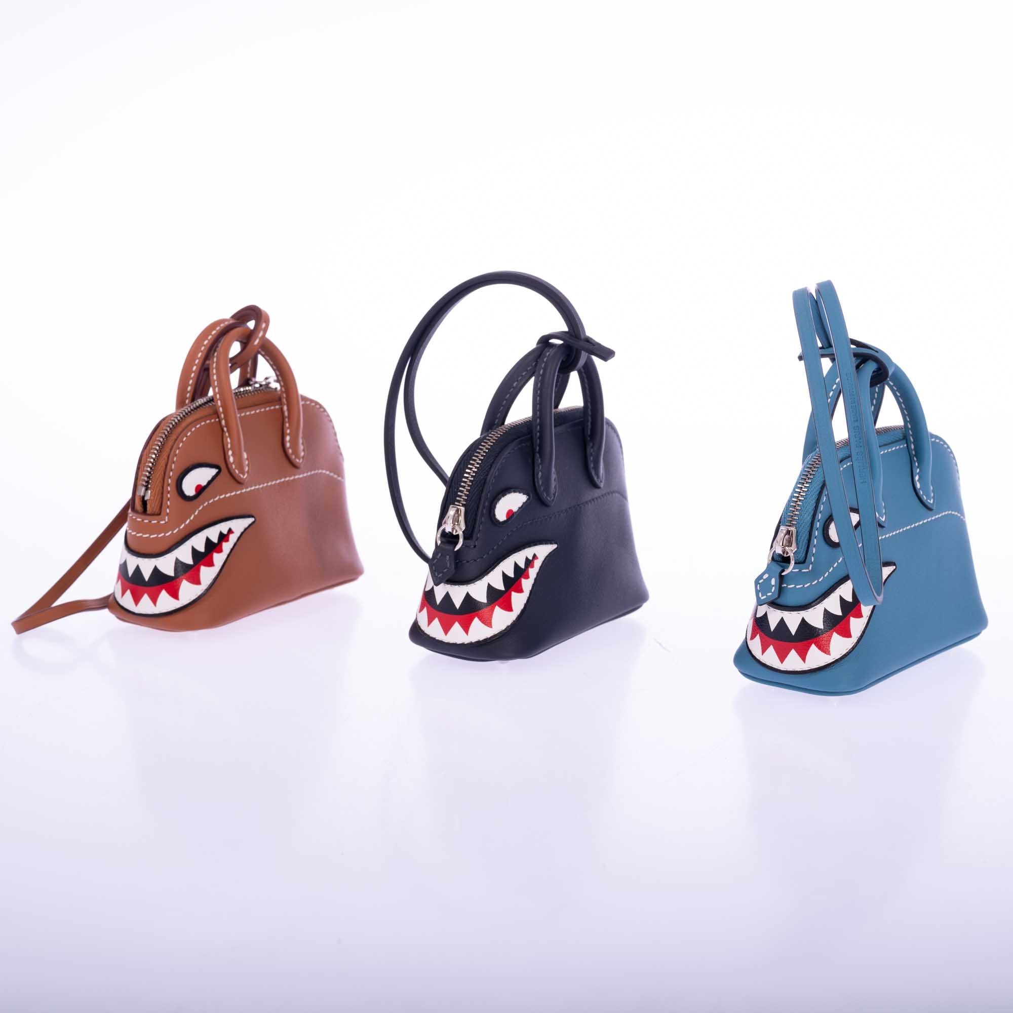 Hermès Mini Bolide Shark Charm Blue Jean Swift Palladium Hardware