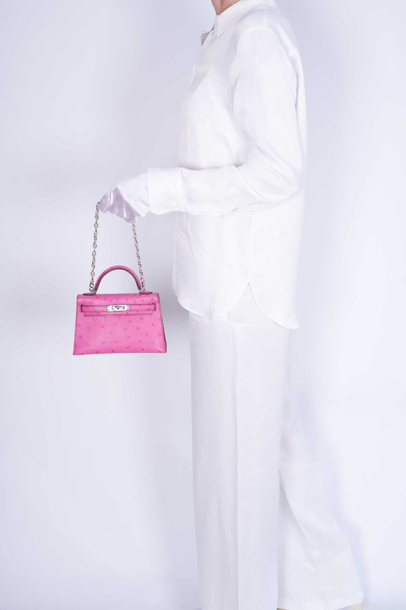 Hermès Mini Kelly 20 Fuchsia Ostrich Palladium Hardware